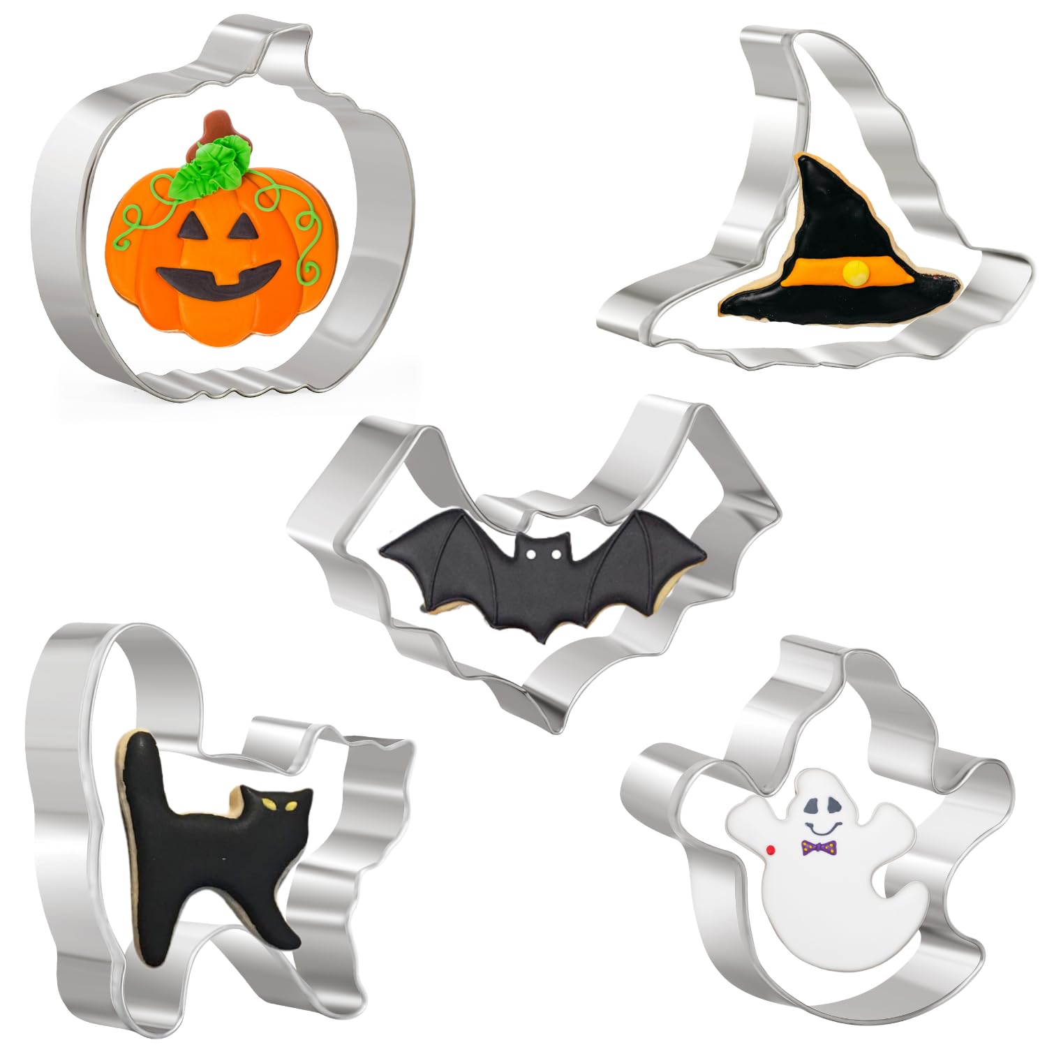 Crethinkaty Halloween Cookie Cutter Set, 5Piece Biscuit Cookie Cutter Set,Pumpkin, Bat, Ghost, Witches Hat, Stainless Steel Cutt
