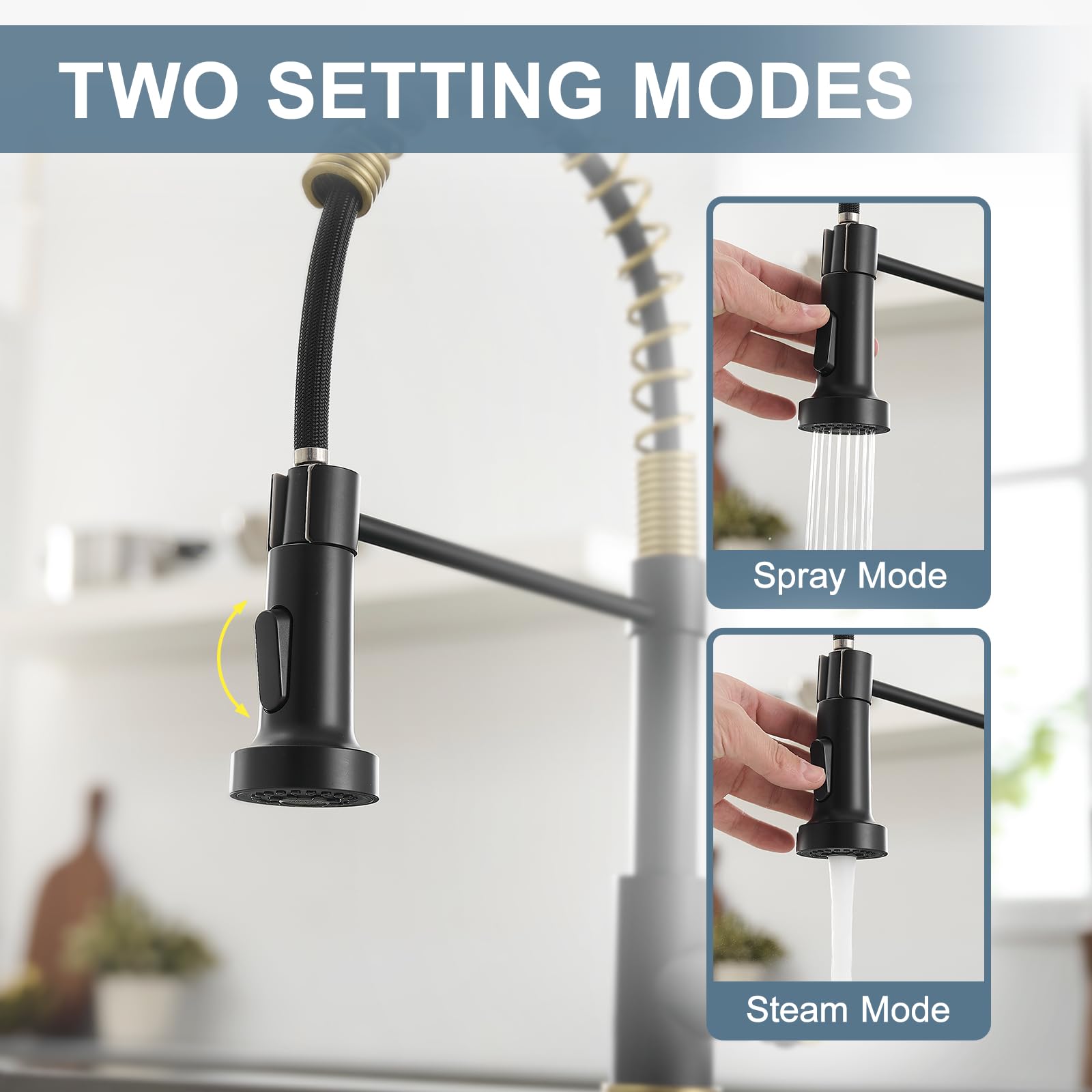 Aimadi Matte Black Kitchen Faucet,Black And Gold Kitchen Faucet With Pull Down Sprayer Commercial Single Handle Spring Kitchen F