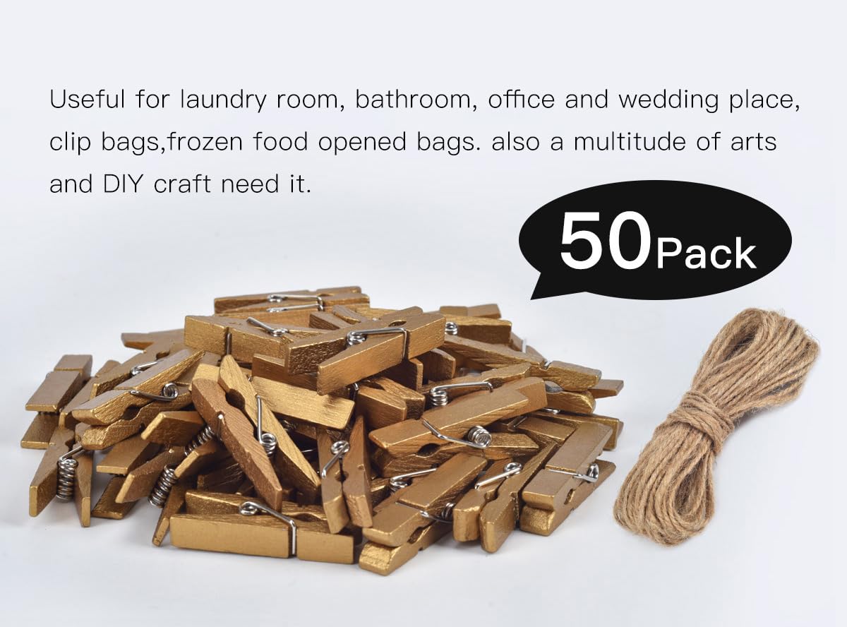 iKammo 50pcs Wood Gold Clothespins Mini Wooden Gold Clothes Pins for Photo Peg Pin Compatible Gift Wrapping  Picture Hanging  Arts&Crafts  Photo Display (Gold  3.5 * 0.7cm)