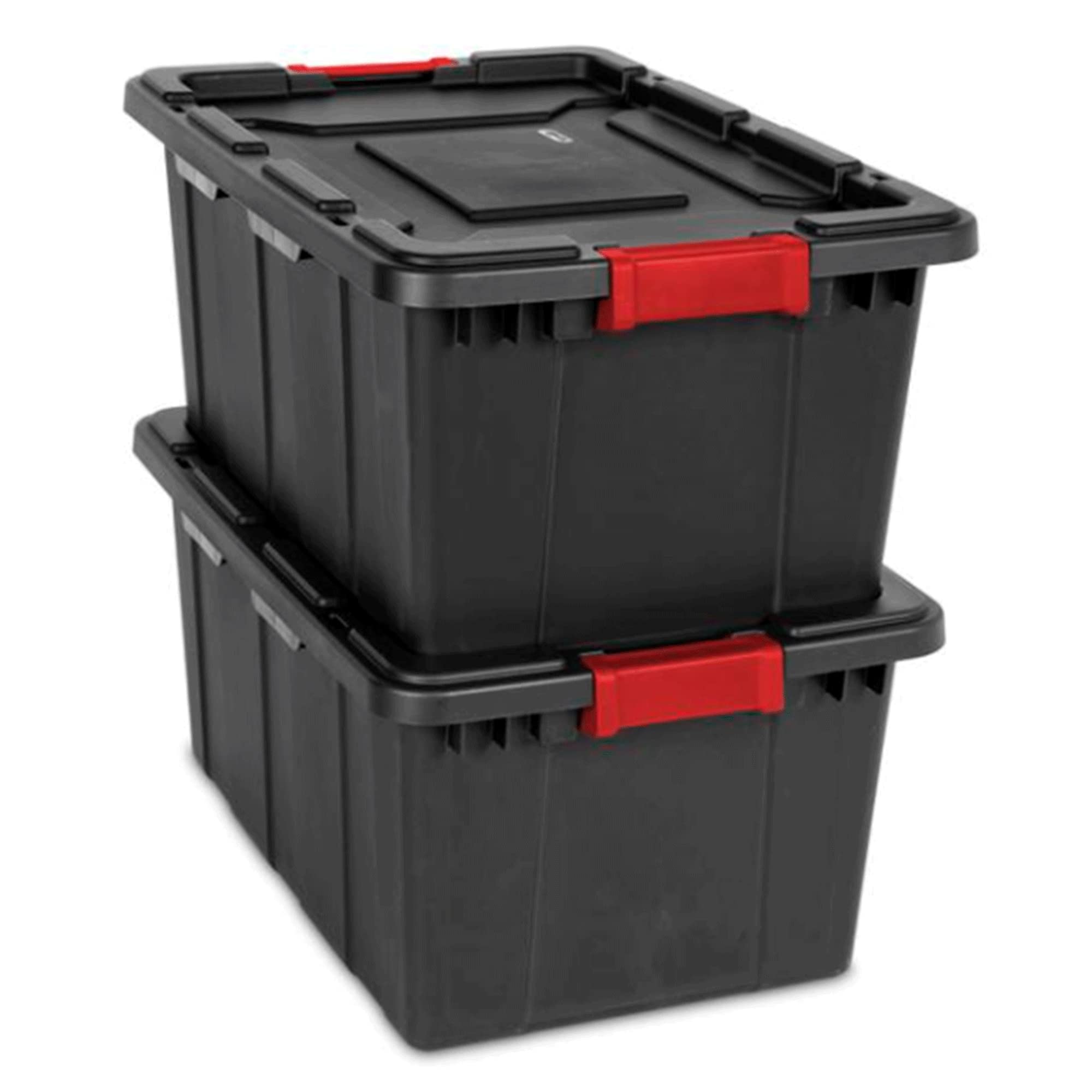 Sterilite 15 Gal Industrial Tote, Stackable Storage Bin With Latching Lid, Plastic Container With Heavy Duty Latches, Black Base