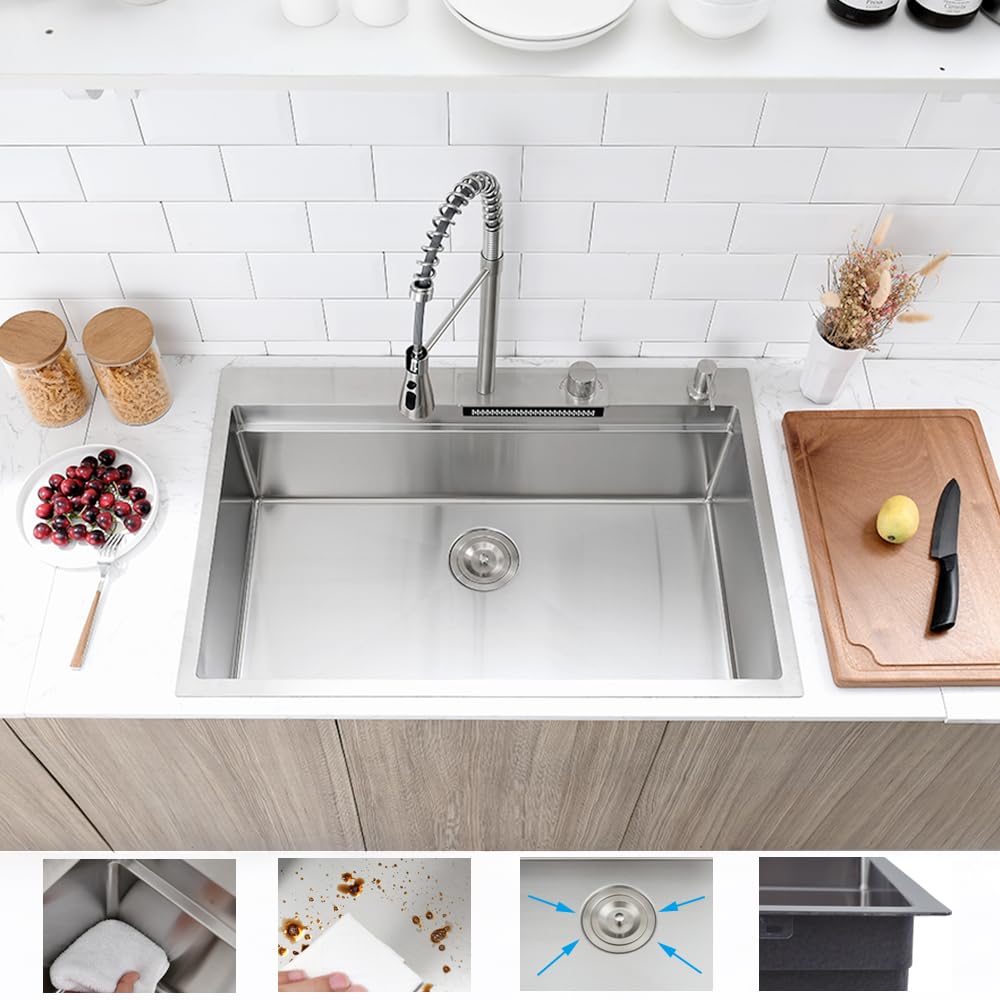Boomhoze 33-Inch Drop In Waterfall Kitchen Sink Workstation, 33X22 Drop In Kitchen Sink With Waterfall Faucet Single Bowl 16 Gau