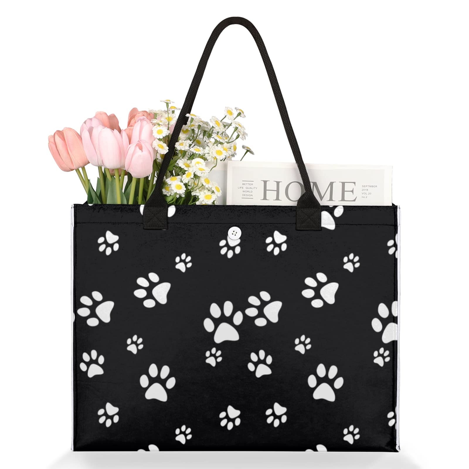Auuxva Beach Tote Bag White Puppy Paw Print Black Large Travel Bag Utility Tote Bag Women Shoulder Bag Reusable Grocery Bag With
