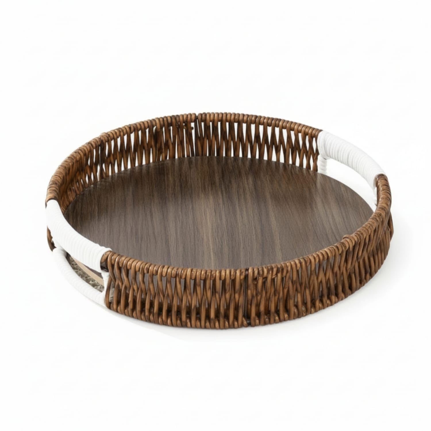 Zoomella RattanStyle Round Serving Tray WoodGrain Tray With Handles Shallow Easy To Carry For Hosts, Tea Time, Coffee Table, 2
