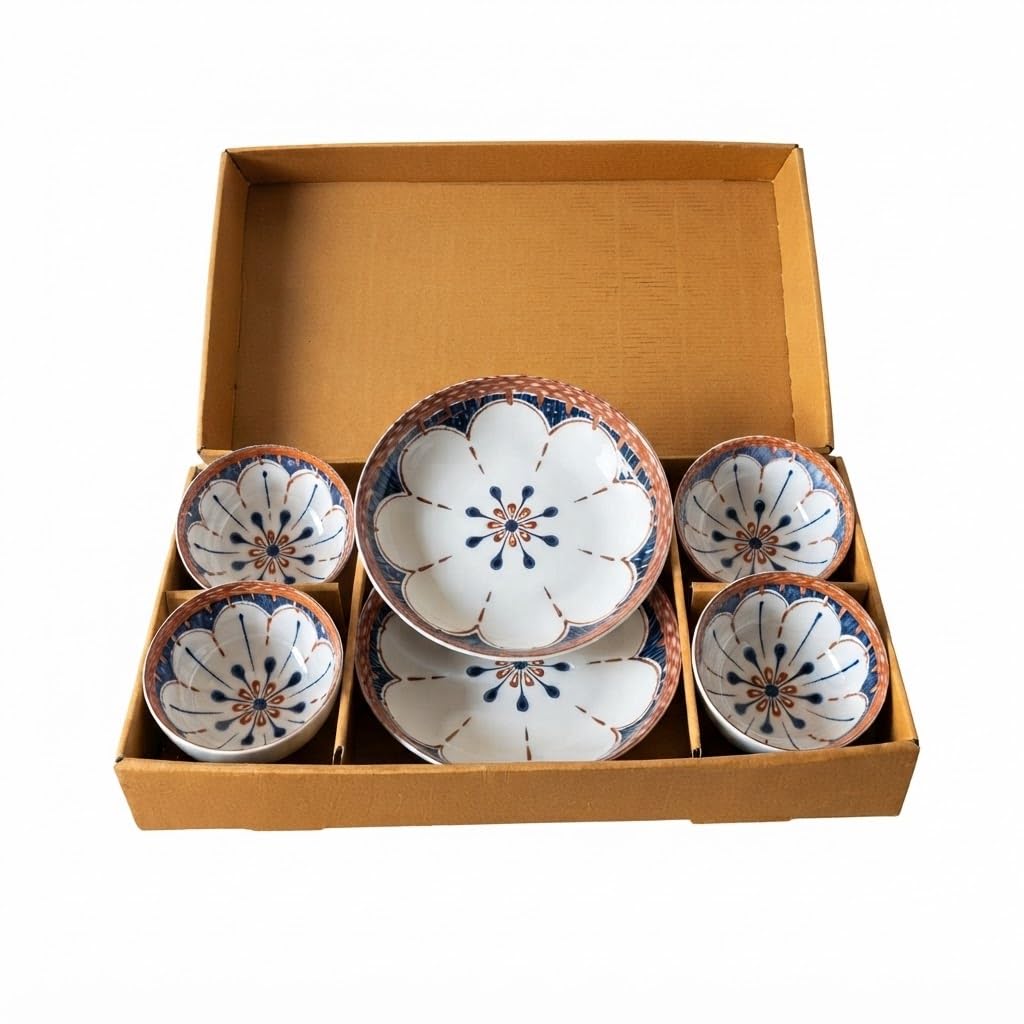 Agabani Ceramic Dinnerware Set, 6Piece Retro Flower Pattern With 4 Bowls And 2 Plates, Elegant Tableware Set For Everyday Dinin