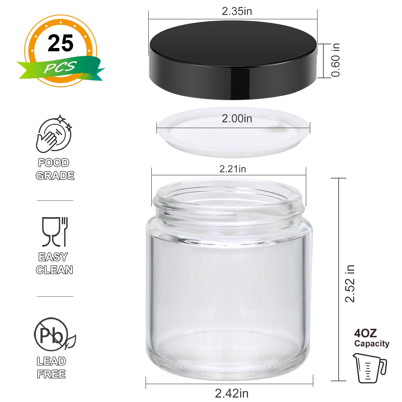 4Oz Glass Clear Cosmetic Jars With Black Lids,Empty Small Glass Jars With Inner Liners,Round Travel Sample Container For Cream,L