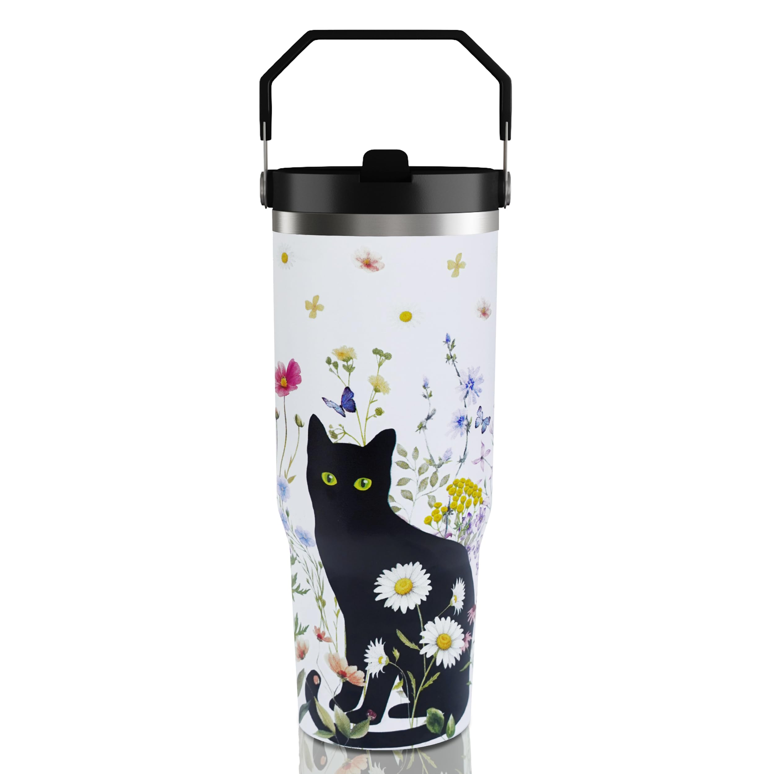 Howseesnow 30Oz Cat Tumbler With Handle And Straw, Reusable Stainless Steel Insulated Leak Proof Travel Coffee Mug, Cat Gifts Fo