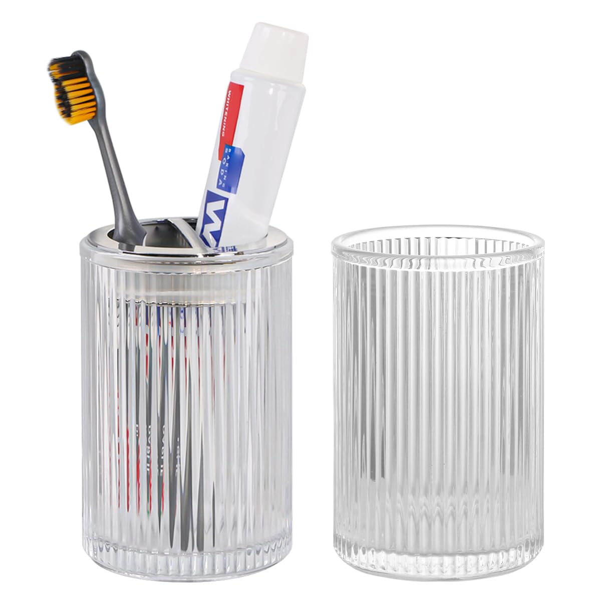 Tonxus Clear Toothbrush Holders for Bathrooms, 2pcs Glass Toothbrush Holder and 12oz Bathroom Tumbler Cup Set, Silver Tooth Brus