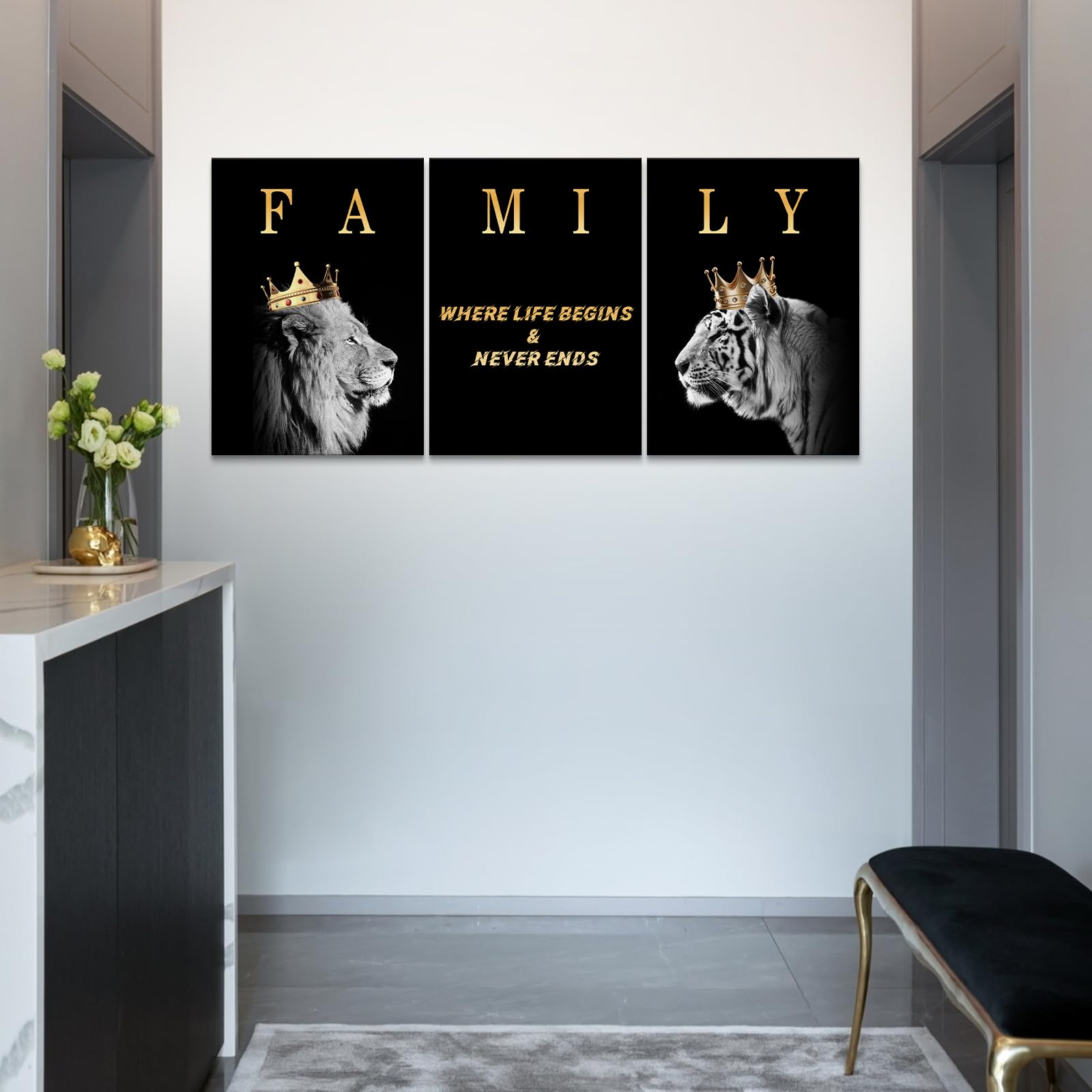 KAWAHONE Family Quotes Canvas Wall Art - Inspirational Black & White Prints, 12x16in, 3pcs Set for Living Room & Bedroom Decor