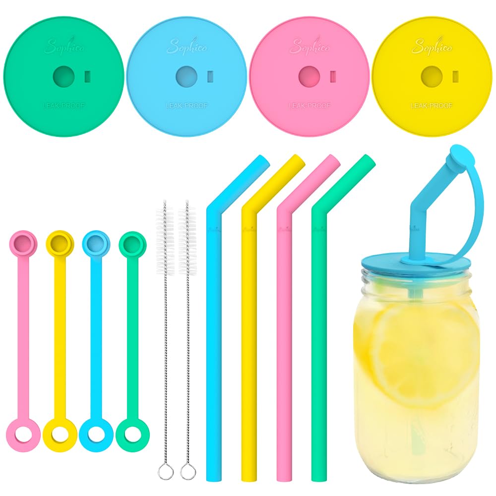 Sophico Silicone Mason Jar Lids With Straw/Silicone Stoppers/Clean Brush, For Wide Mouth Mason Jar,4 Pack(Containers Not Include
