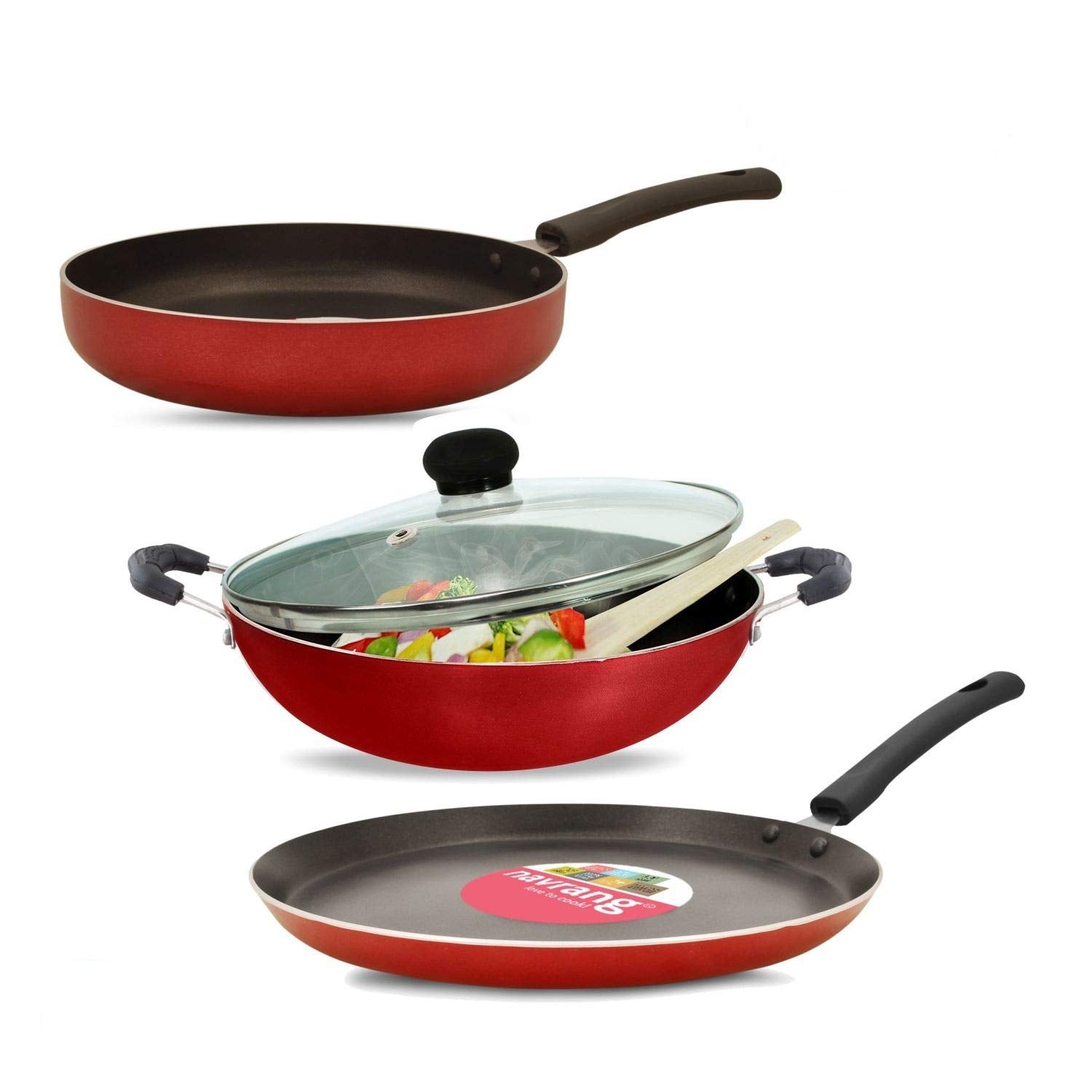 Navrang Non Stick Cookware Set Of 4 Pcs | Nonstick Aluminium Dosa Tawa 27.5Cm, Fry Pan 23Cm, Kadai 23Cm With Glass Lid | Kitchen