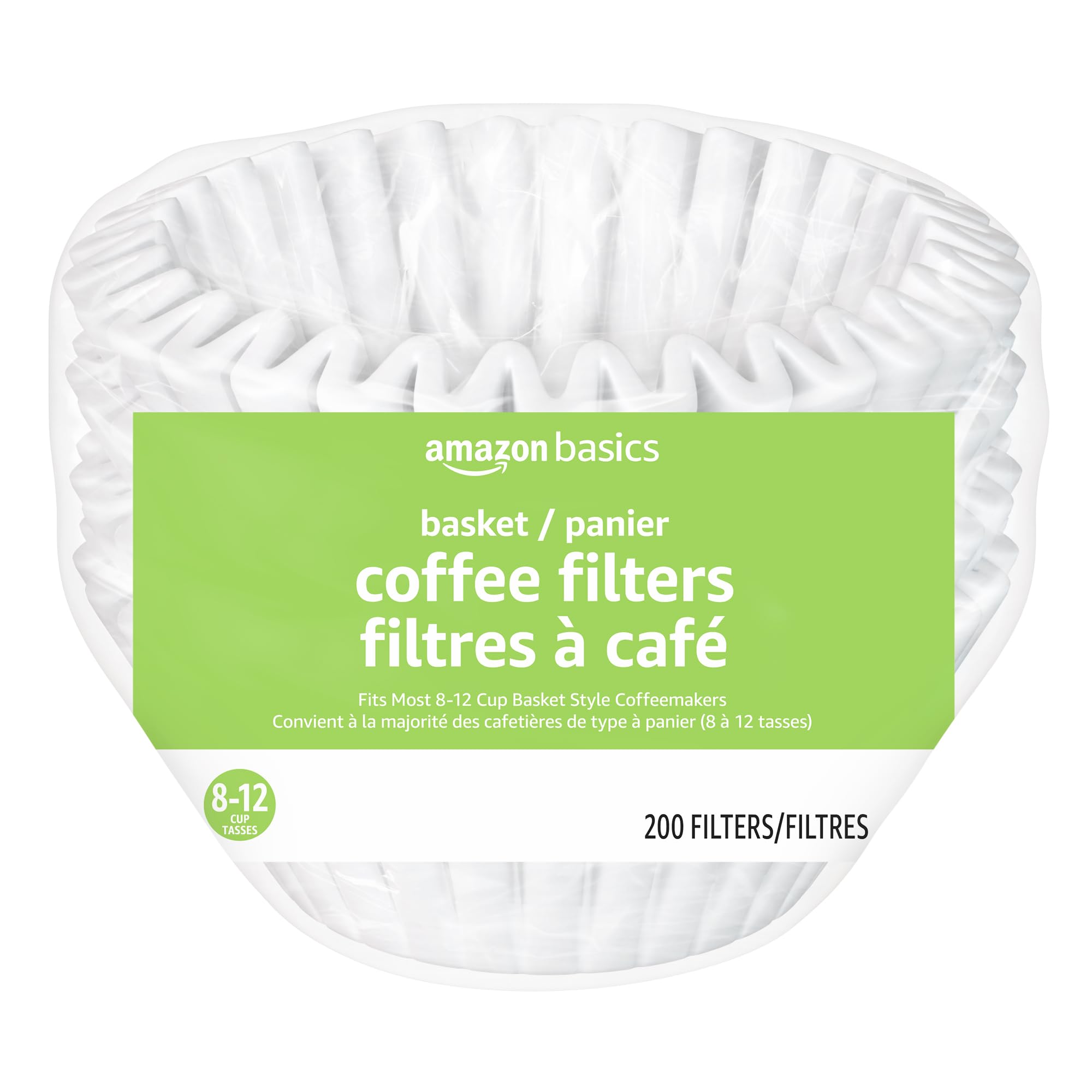 Amazon Basics Basket Coffee Filters For 8-12 Cup Coffee Makers, White, 200 Count