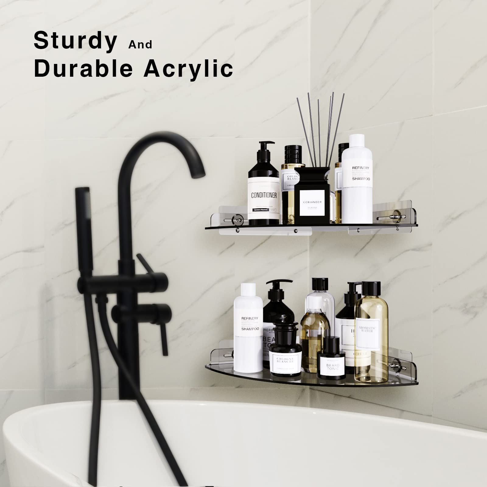 Bakzon Acrylic Corner Shower Shelves, 2 Pack Adhesive Shower Caddy Organizer For Tile Walls, Wall Mounted Clear Bathroom Shower