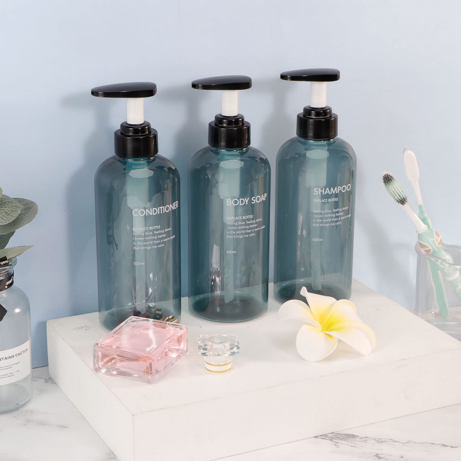 Shampoo and Conditioner Dispenser Bottles Yeeco Pump Bottle 3 Pack Refillable Clear Blue Shampoo Dispenser 16.9oz/500ml Plastic Shampoo Bottles with Pump for Bathroom  Kitchen  Hotel