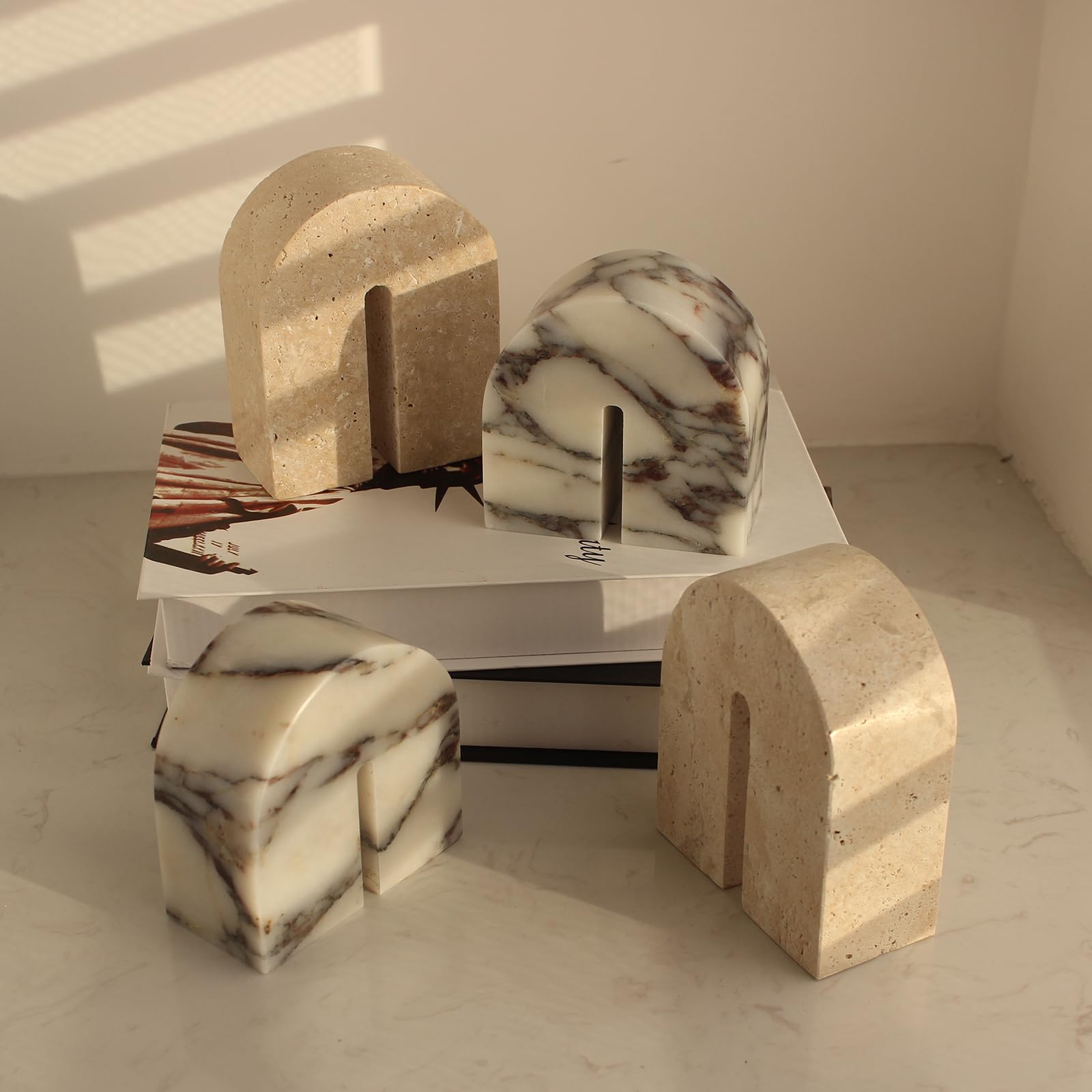 Set of 2 Natural Calacatta Viola Marble Bookends for Shelves, Decorative Book Ends for Heavy Books, Book Stopper Office Bookshel