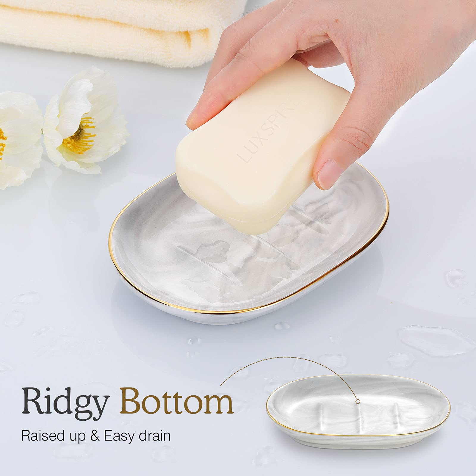 Luxspire Soap Dish Holder, Ceramic Marble Soap Tray Bar Soap Holder With Gold Trim, Oval Sponge Case Box Hand Soap Plate Contain