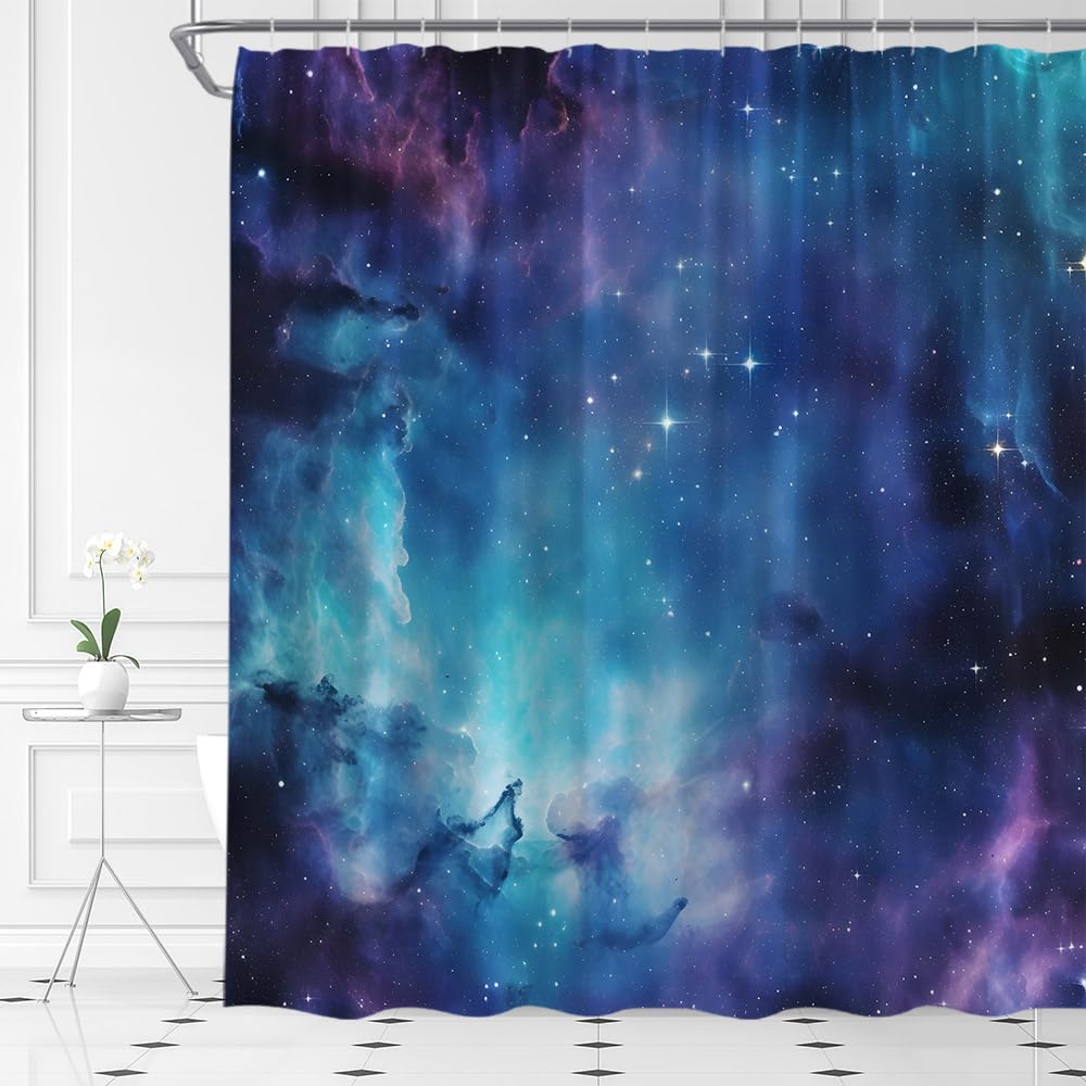 Ysatnsft Galaxy Shower Curtain Outer Space Starry Men Boys Nebula Universe Planet Fabric Bathroom Decor Set Include Hooks,(70''