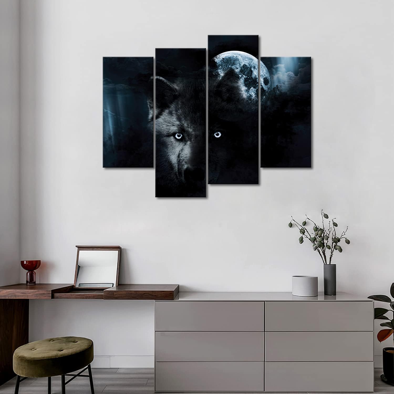4 Panel Wall Art Black Wolf And Full Moon Painting The Picture Print On Canvas Animal Pictures For Home Decor Decoration Gift Pi