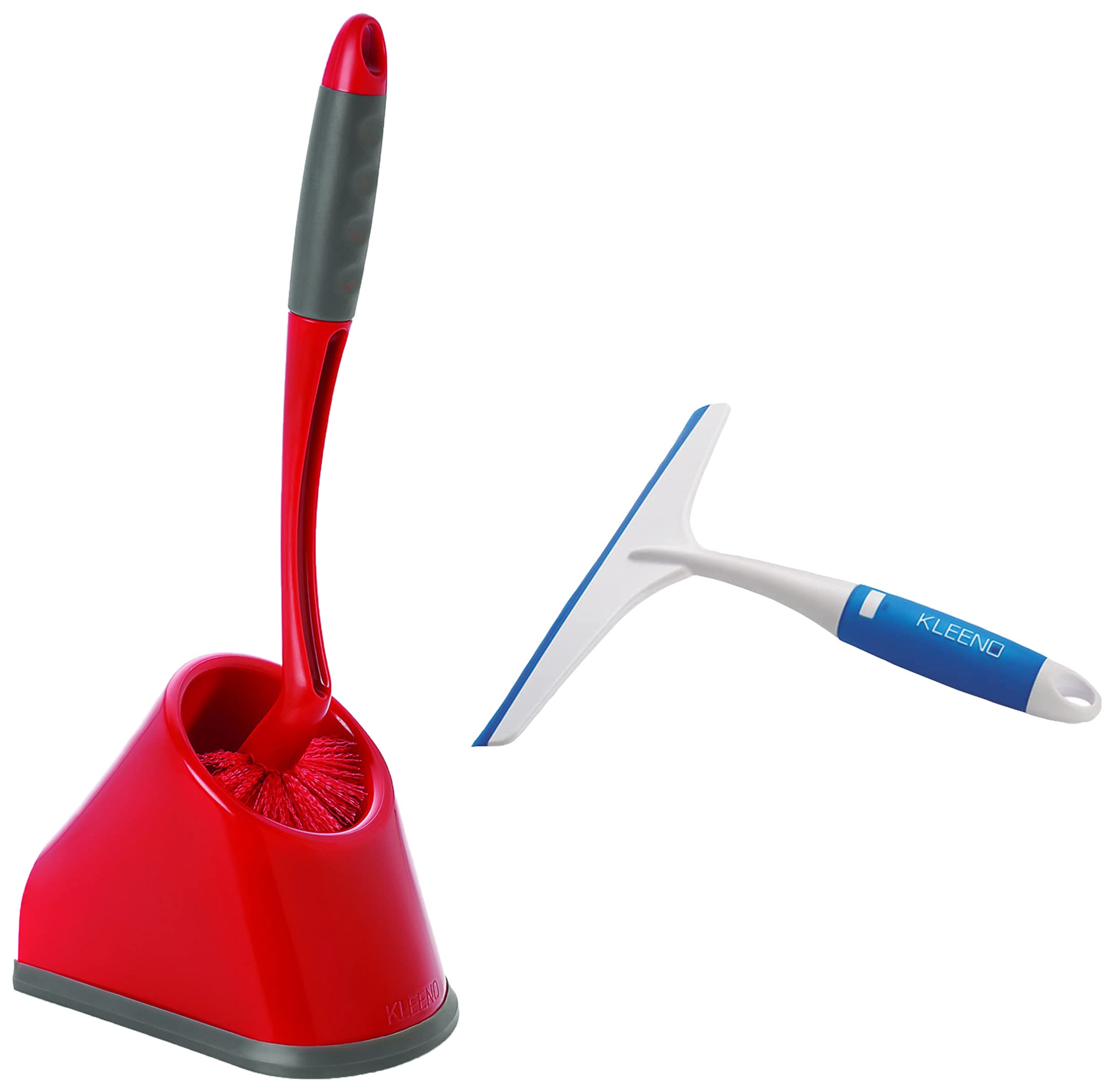 Kleeno Cello Angular Toilet Brush with Storage (Red and Grey) & Kleeno Kitchen Platform and Plastic Glass Wiper (Blue and White)