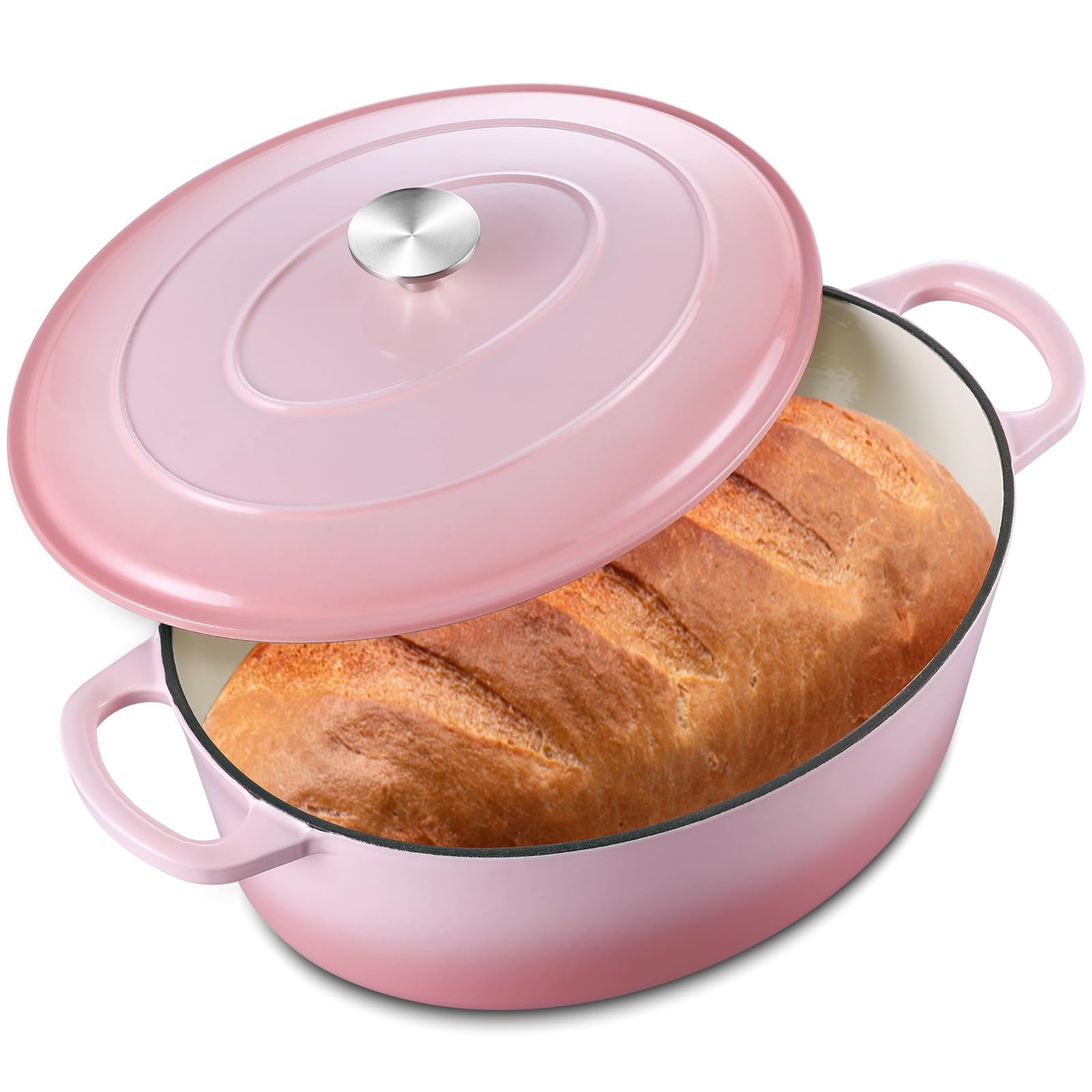 Leonyo 7Quart Enameled Cast Iron Oval Dutch Oven Pot with Lid, Pink