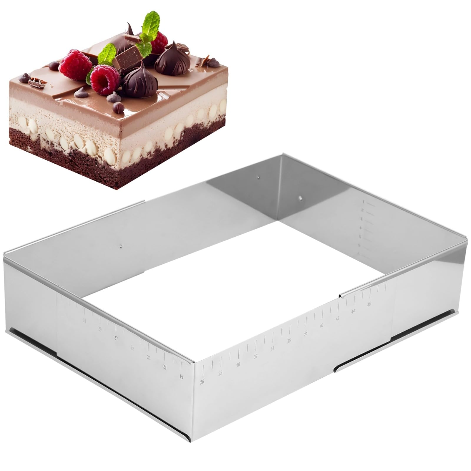 Adjustable Rectangular Cake Ring, Stainless Steel Mousse Cake Ring Mould for Tiramisu, Ret retractable Sheet Cake Frame with Pre