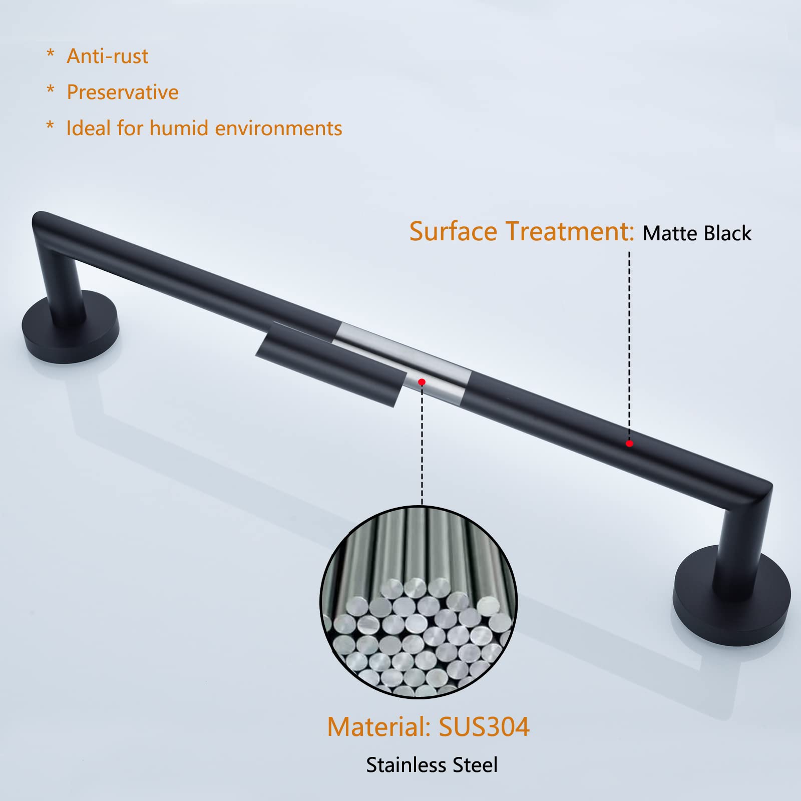 Swhyger 18 Inch Matte Black Towel Bar For Bathroom Wall,Premium Grade Sus304 Stainless Steel Towel Rack Wall Mounted Single Laye