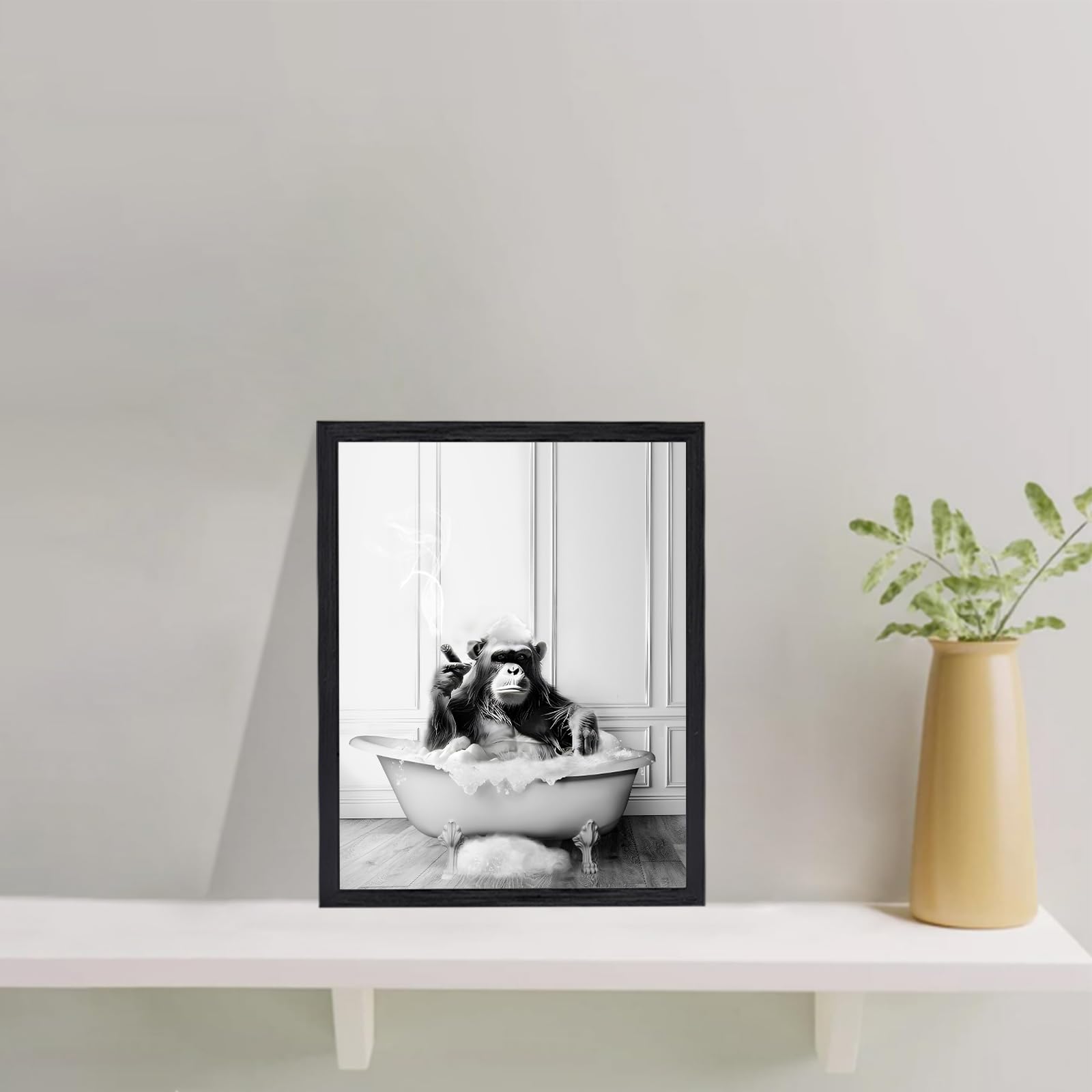 Kbkbart Framed Bathroom Decor Wall Art, Funny Canvas Chimpanzee In Bathtub Bathroom Picture, Black And White Bathroom Wall Art D