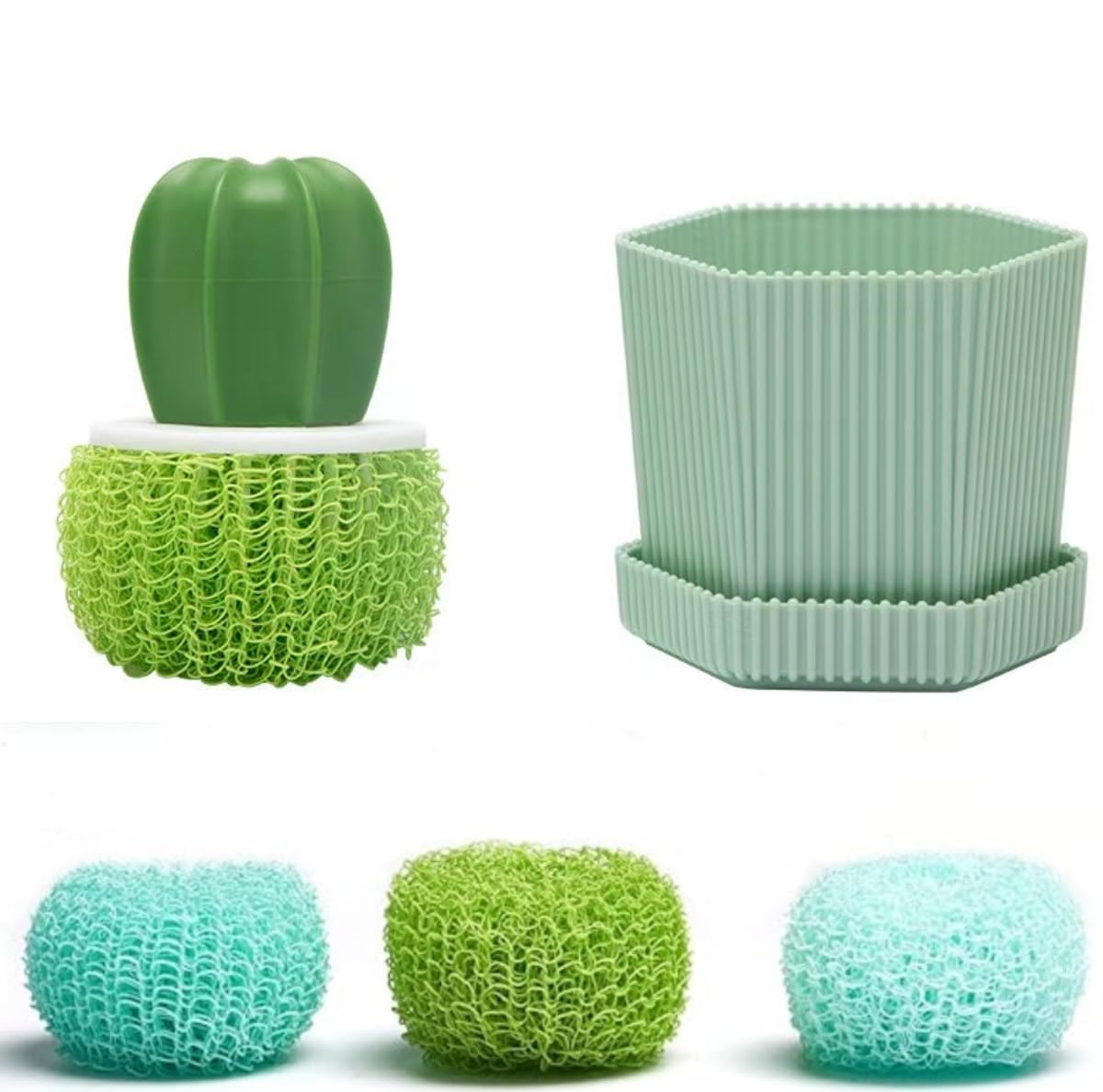 Dish Cleaning Brush Holder Set Kitchen Dish Scrub Brushes Dishes Pots Pans Cleaning Tool- 3 Replaceable Brush Heads