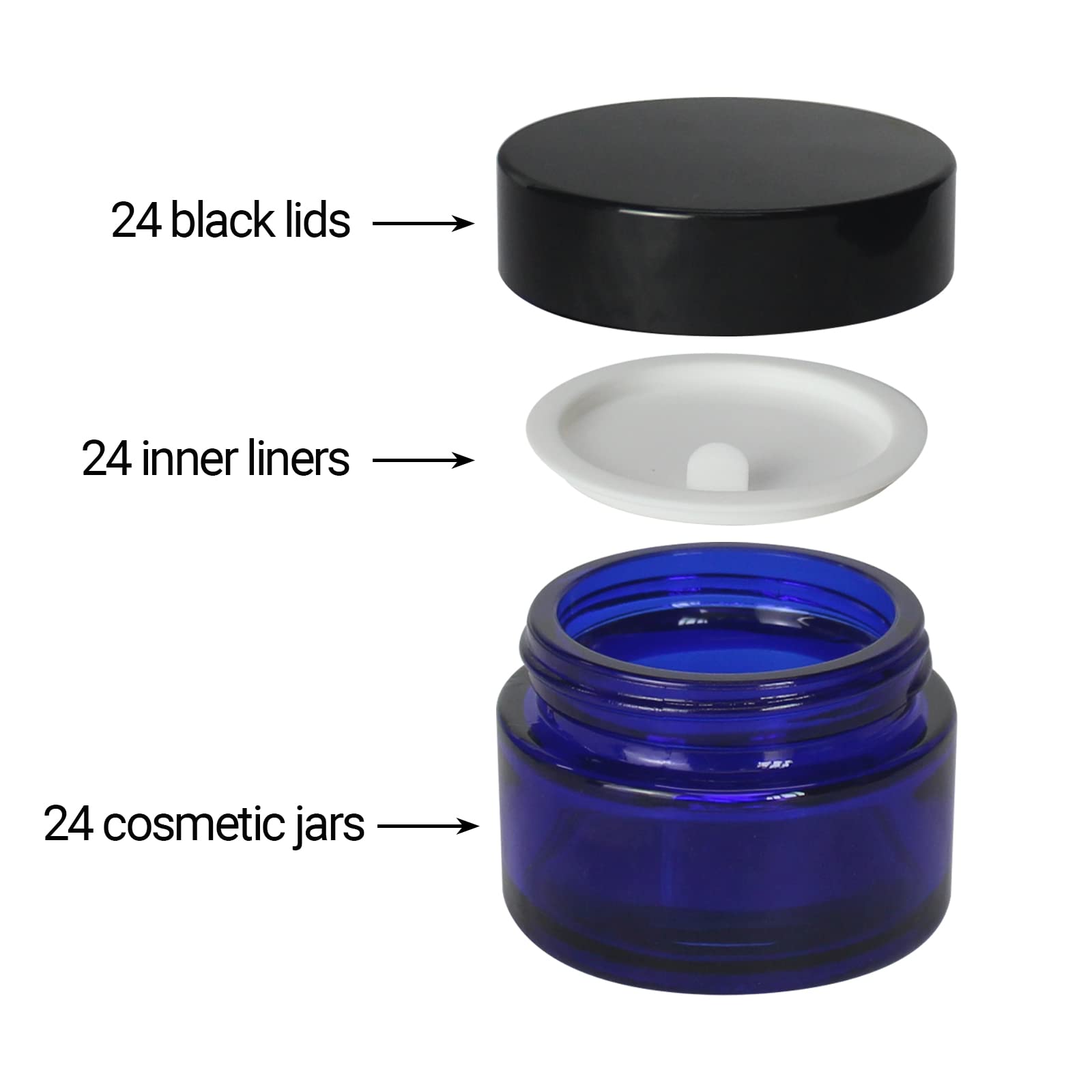 Bpfy 24 Pack 1 Oz Round Blue Glass Cosmetic Jars With Inner Liners And Black Lids, Travel Glass Jars, Cosmetic Containers For Li