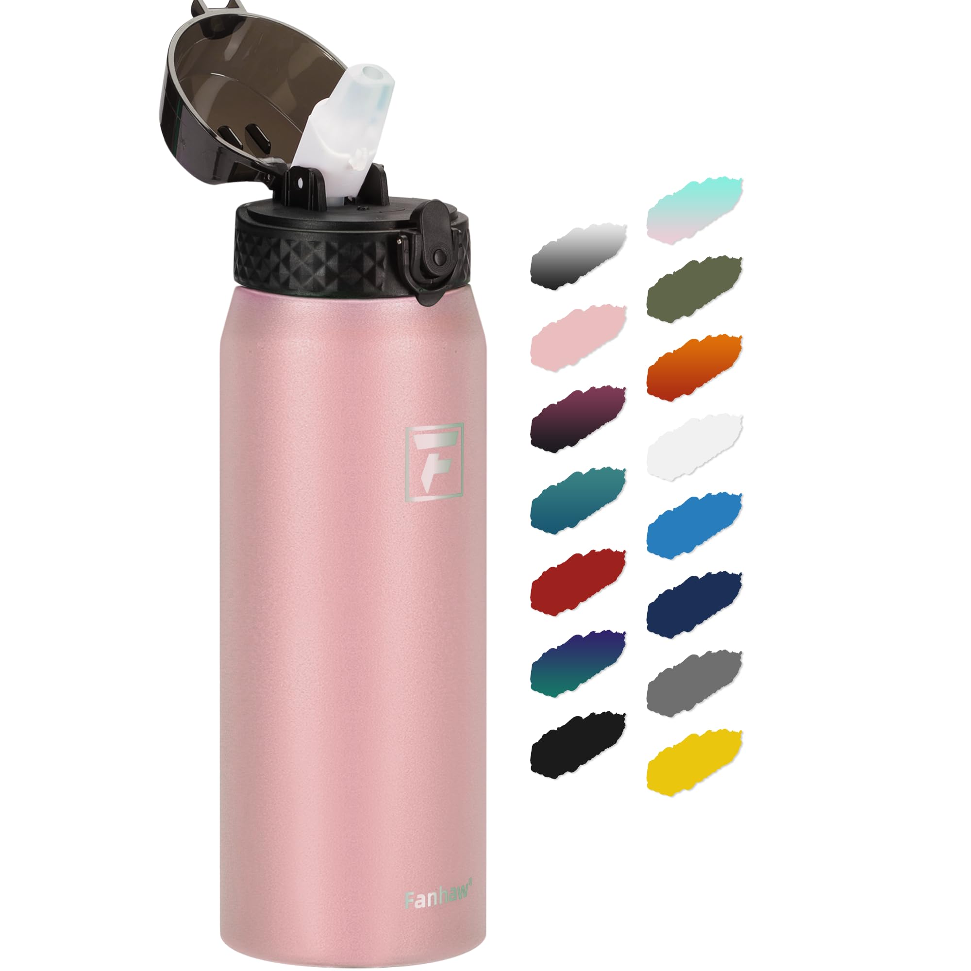Fanhaw 24 oz Insulated Stainless Steel Water Bottle with Straw Lid, Leakproof & Anti-Dust Sports Bottle for Kids, Women & Men (P