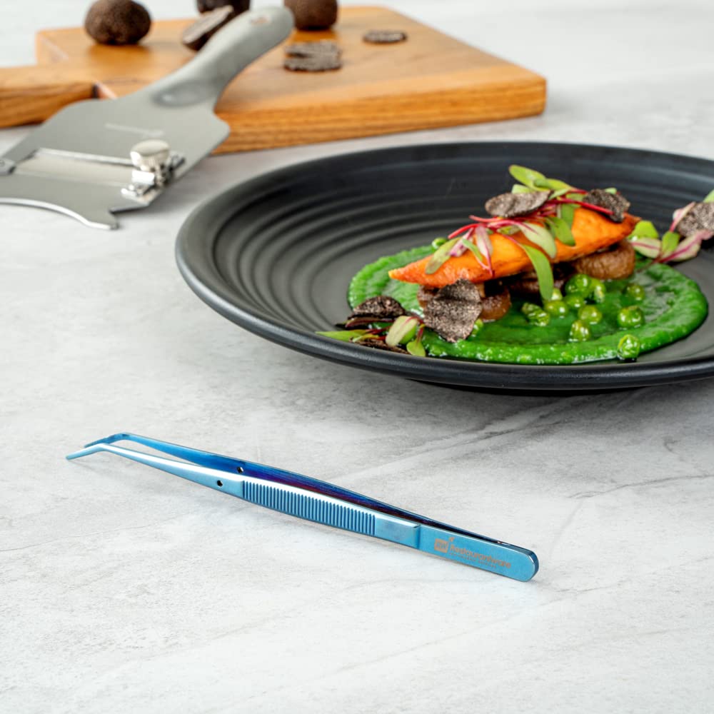 Restaurantware Perfect Point 6.3 Inch Curved Tweezer  1 Slant Nose Food Tweezer - Serrated Tips For Precision  For Garnishing  Plating  or Decorating  Blue Stainless Steel Kitchen Tweezer  Sturdy