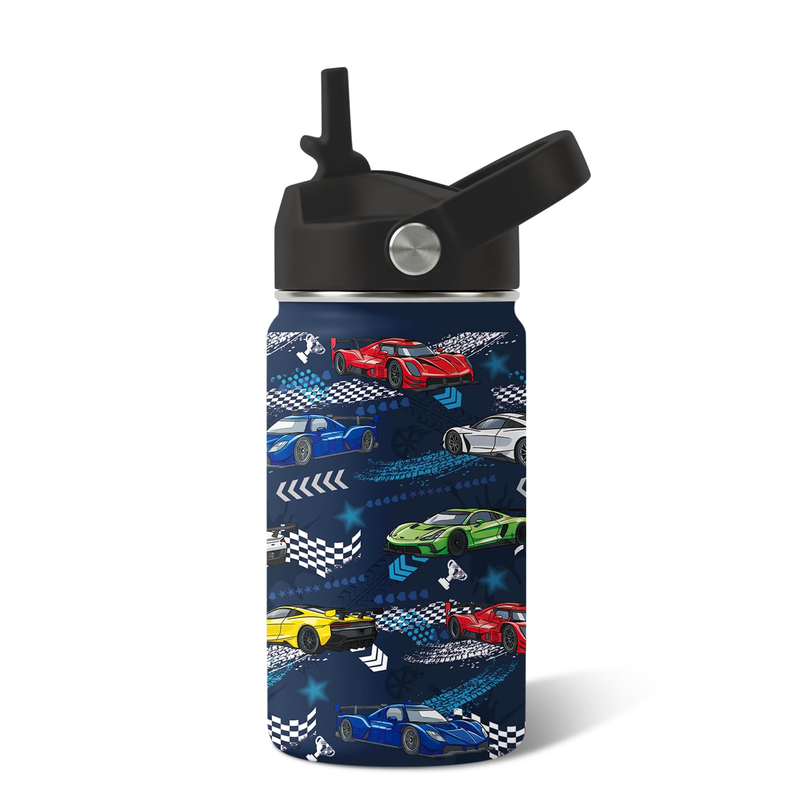 Racing Car Gifts for Boys - 12oz Kids Water Bottle with Straw Lid, Stainless Steel Insulated Bottle, Leak Proof, BPA-Free Racing