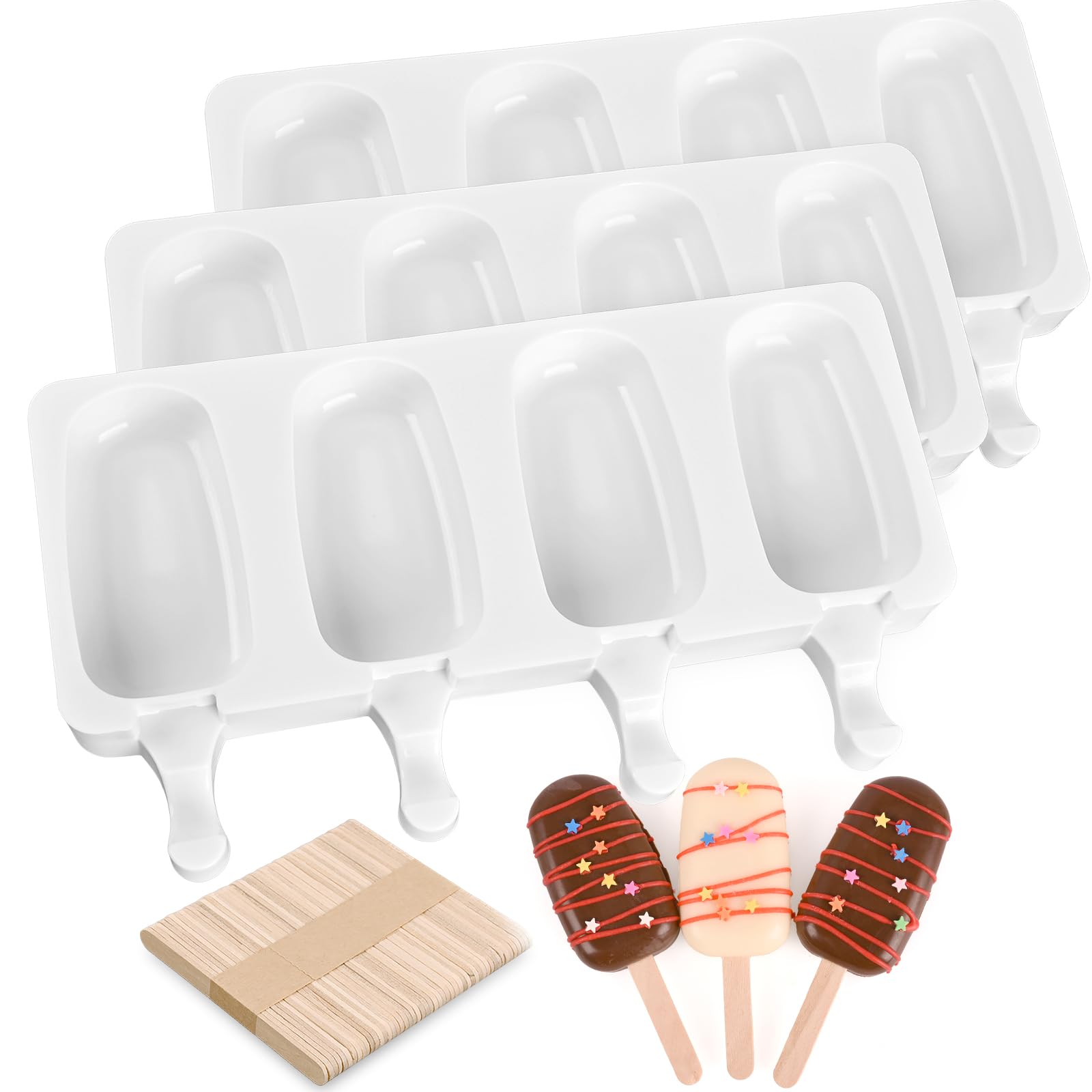 Sakolla 3 Pack 4 Cavity Popsicle Silicone Molds with 100 Pcs Wooden Sticks