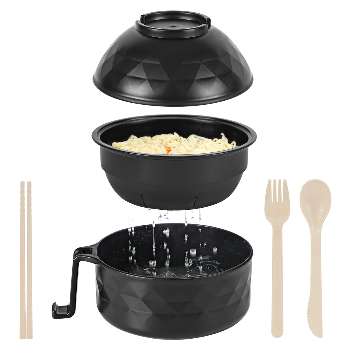 Rorbam Microwave Ramen Cooker,Ramen Bowl Set,Ramen Bowl With Chopsticks And Spoon,Rapid And Quick Ramen Cooker With Handles, Dis