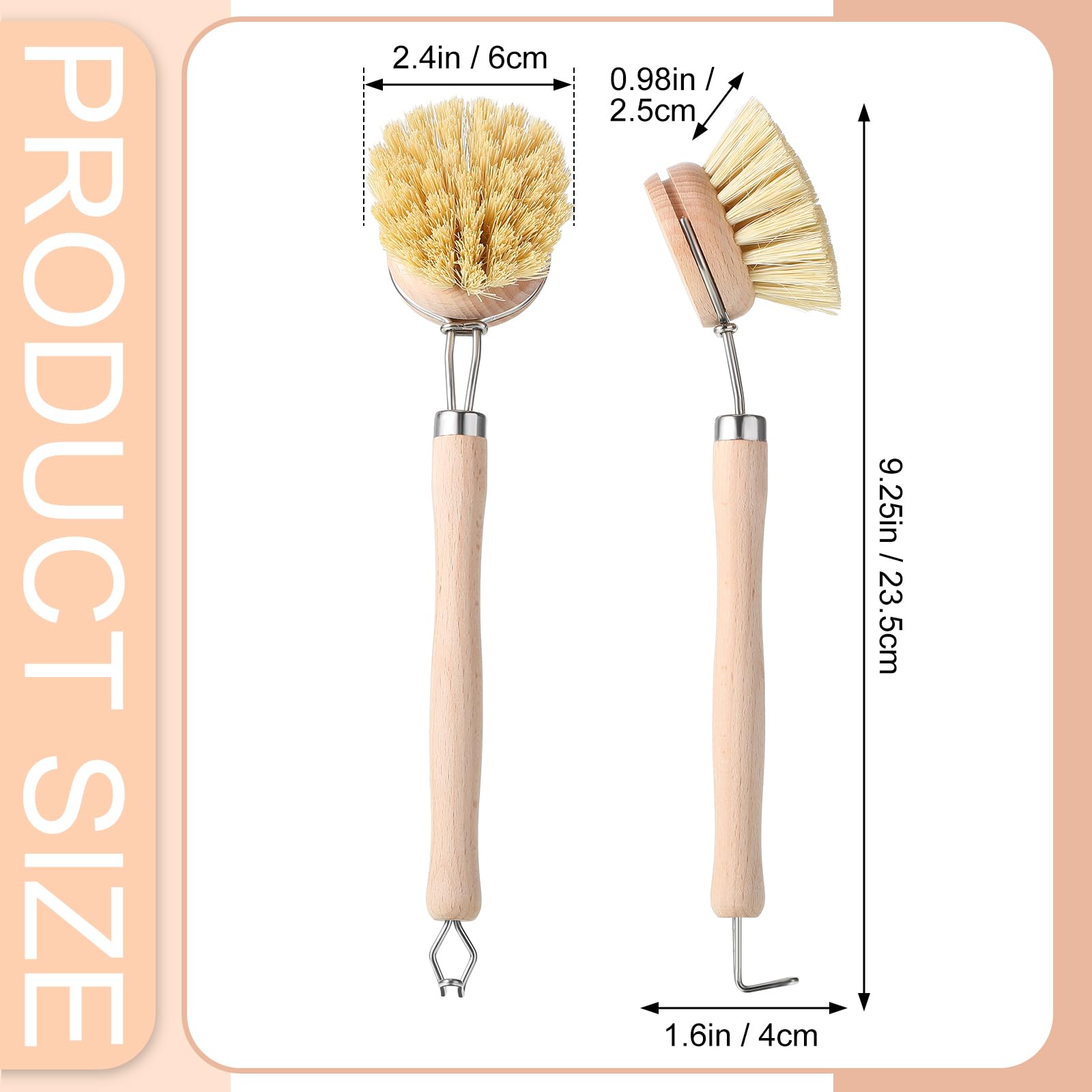 Maxdot 4 Pcs Kitchen Dish Brush With Beechwood Handle Natural Wooden Handle Scrub Brush Fiber Bristles Dish Scrub 2 Inch Replace