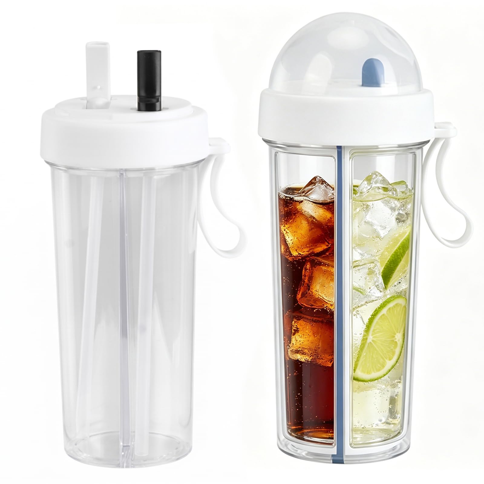 Dual Chamber Water Bottle Water Cup 2in1 Dual Use with 2 Straws, 600ml Double Sided LeakProof Sports Cup 2 Flavor Water Bott