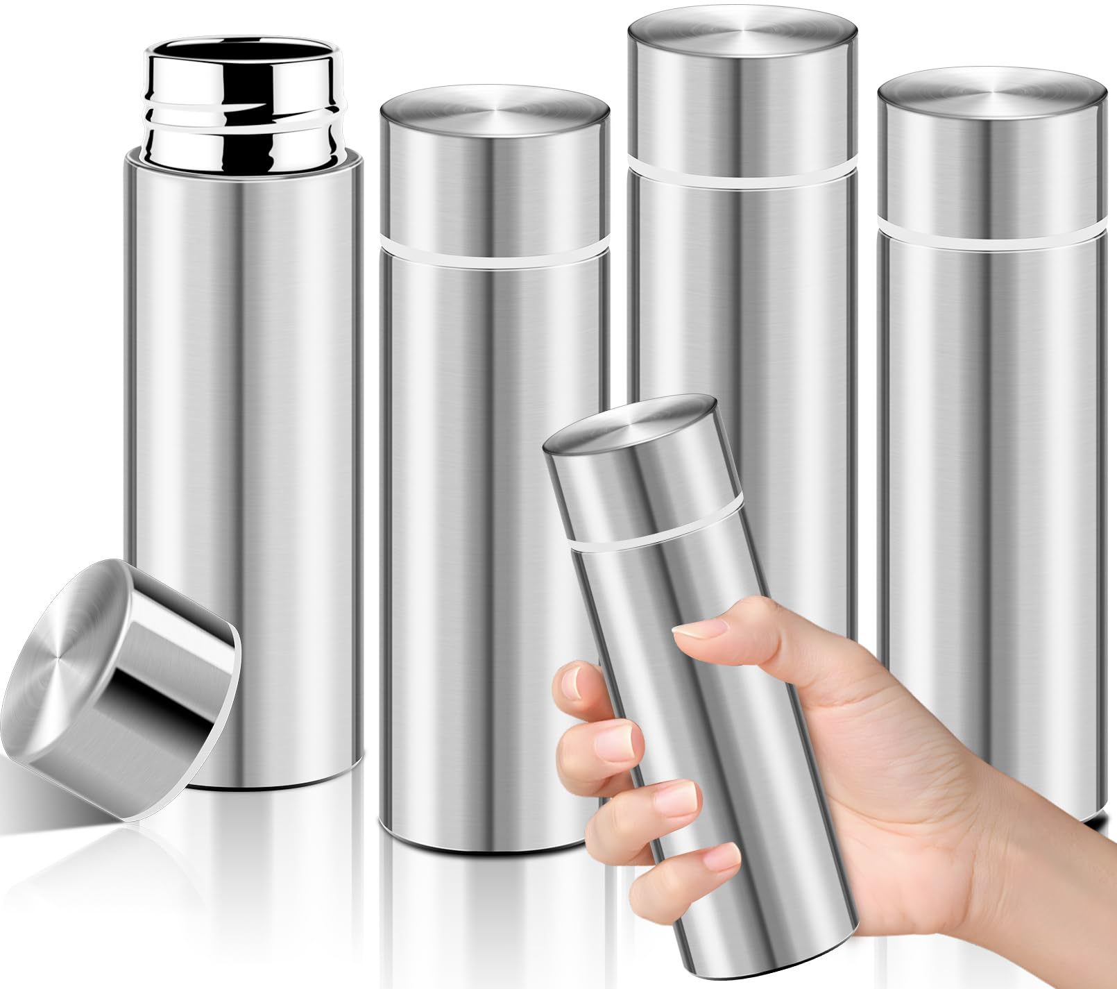 Enjamyo 4 Pack Small Water Bottles, 4.4 Oz, Silver, Stainless Steel