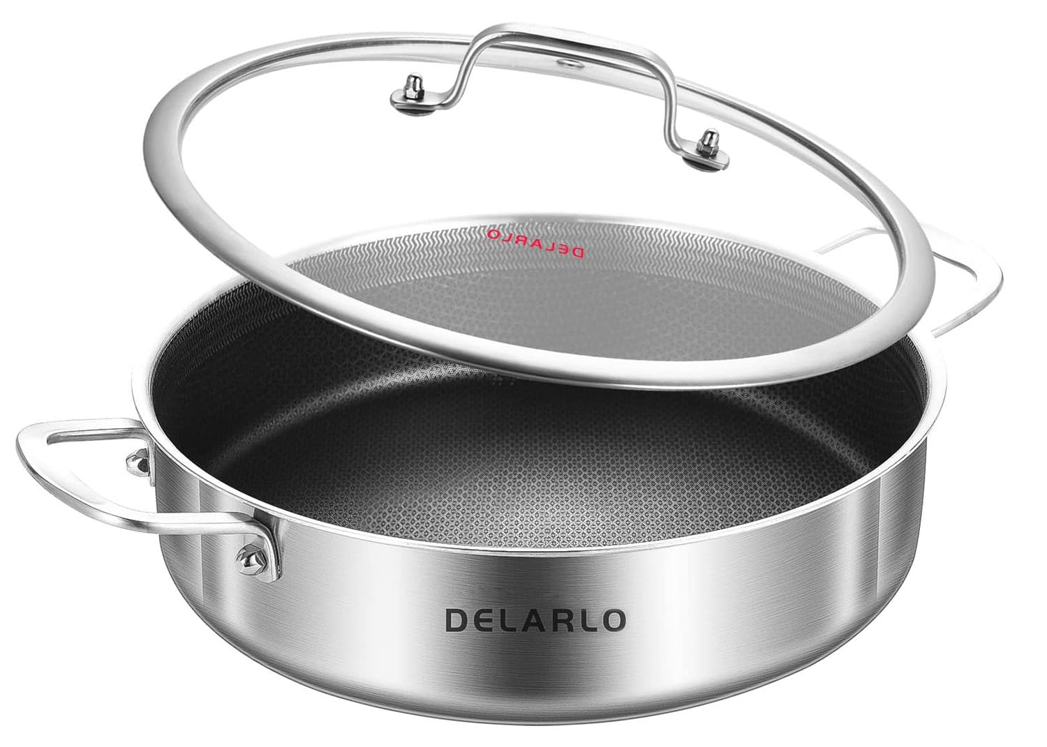 Delarlo Tri-Ply Stainless Steel Saute Pan 3 Qt Deep Frying Pan Honeycomb Saut Pan, Induction Compatible Chef Cooking Pan With Li