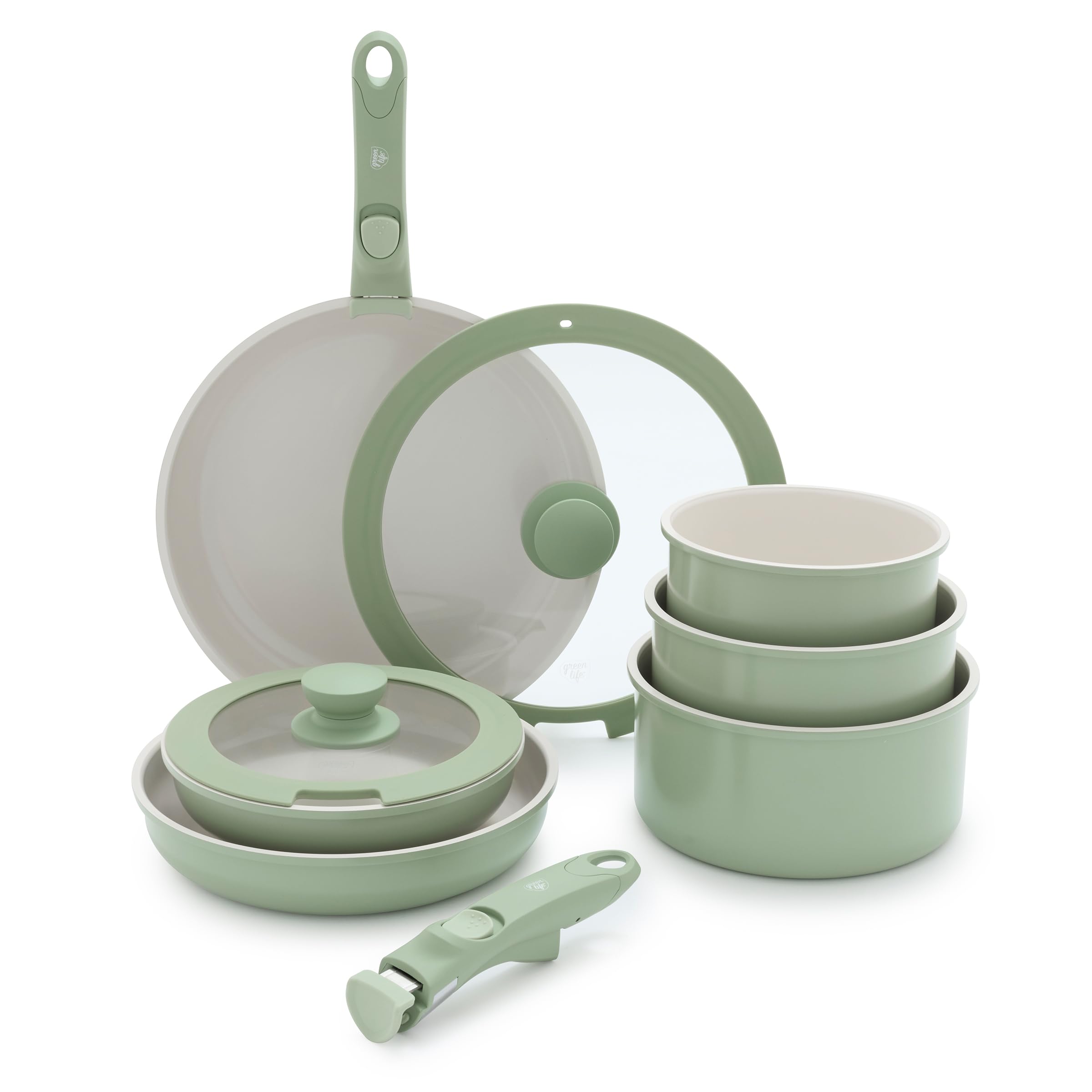 GreenLife 10 Piece Nonstick Pots & Pans Set, Detachable Handle & Stackable Cookware Set, Non Toxic PFAS-Free Skillets, Induction