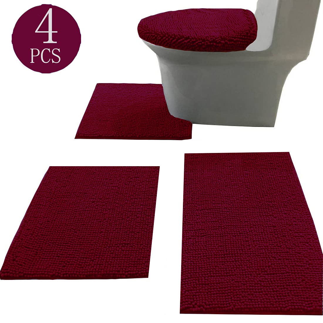 Madeals Bath Rug Set 4 Piece With Toilet Lid Cover And Rug Set Combo, Soft Shaggy Bath Rug Set 3 Piece And U-Shaped Toilet Floor