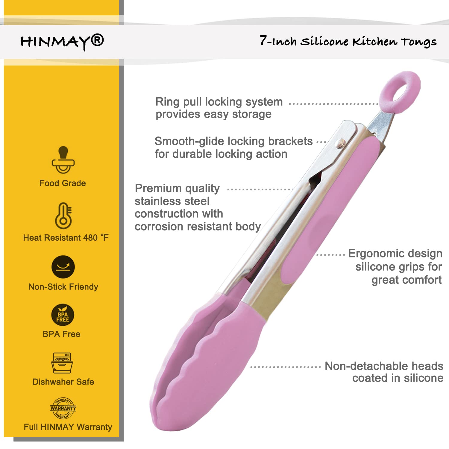 Hinmay Small Serving Tongs With Silicone Tips 7-Inch Mini Tongs, Set Of 3 (Pink)