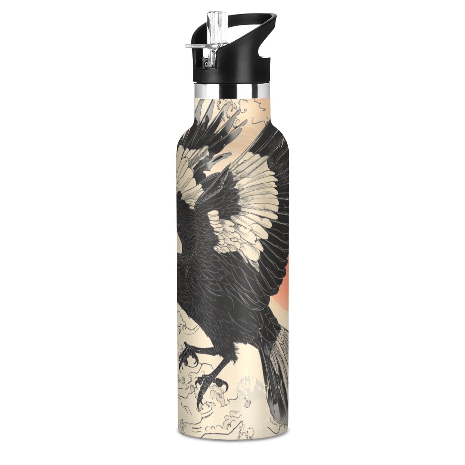 Selerdon Animal Sports Water Bottle Crow Ukiyoe Stainless Steel Beverage Container 20 oz Coffee Cup with Detachable Straw & Lea