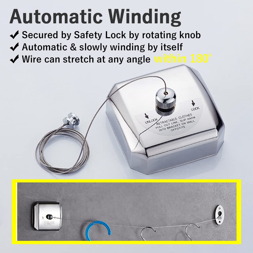Retractable Clothesline Indoor Heavy Duty 304 Stainless Steel Durable Wire 12Ft Support 44Lbs, Japard Shower Clothes Hanger Line
