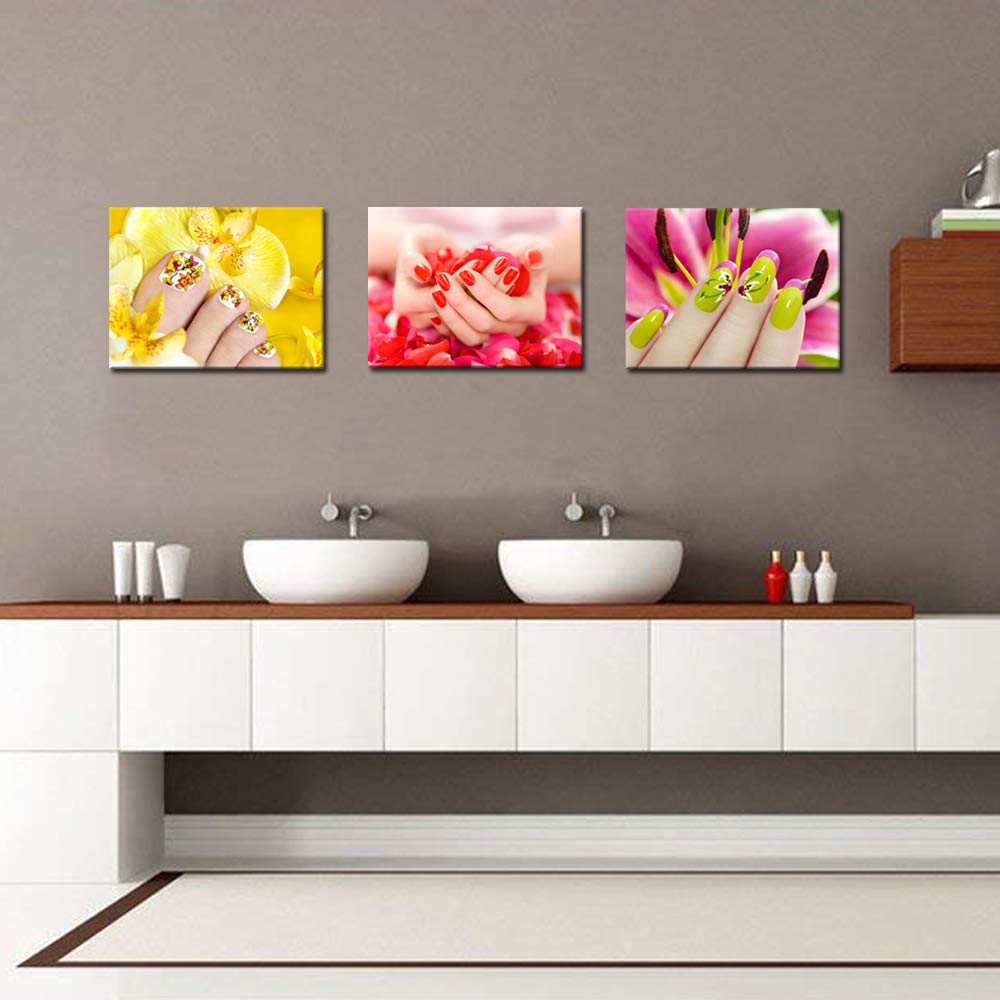 Nachic Wall - 3 Piece Canvas Wall Art Fashion Woman Nails Pictures Beauty Salon Manicure Poster Canvas Print With Wooden Frame F