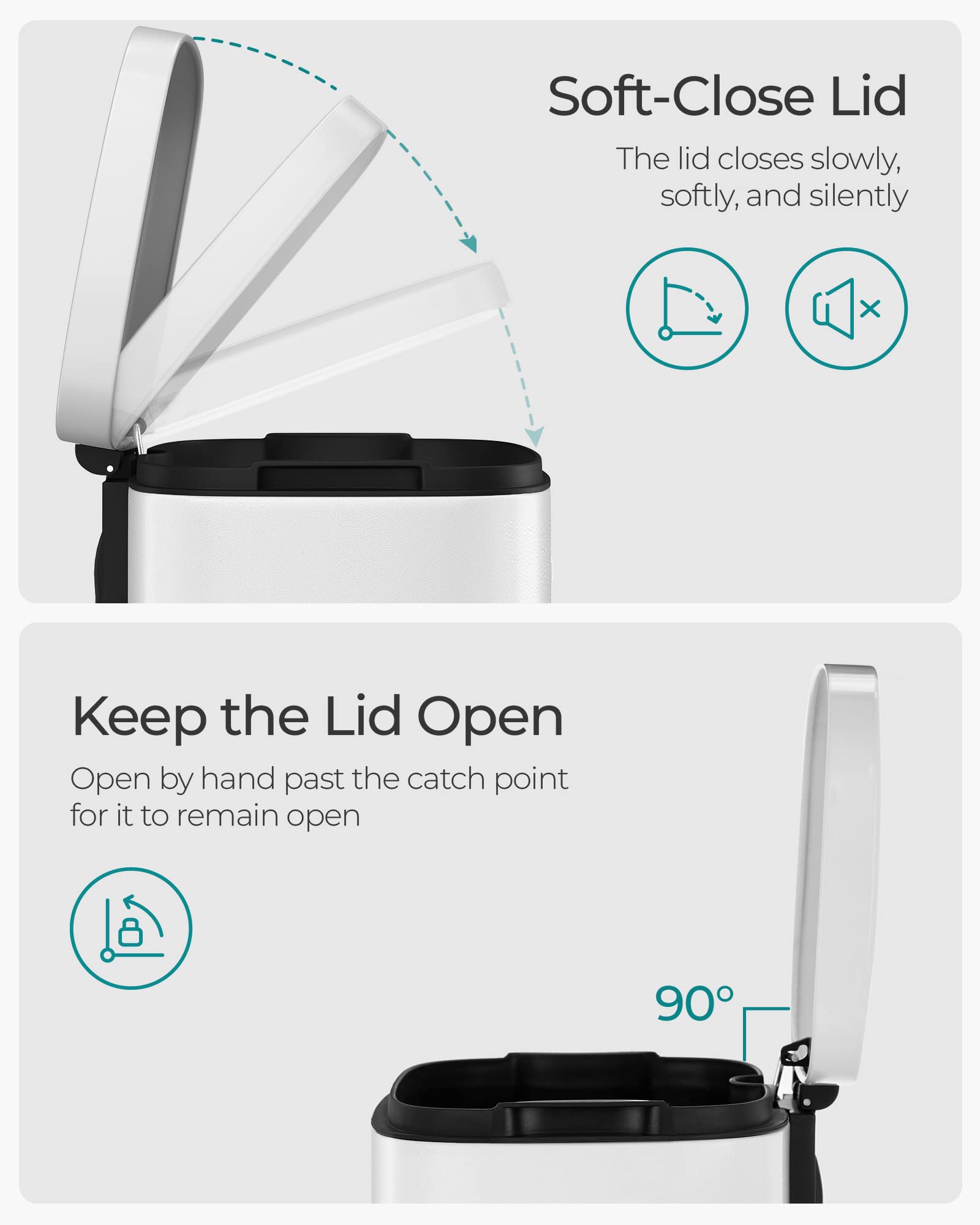 Songmics 8-Gallon Trash Can, Stainless Steel, With Hinged Lid, Plastic Inner Bucket, Soft Closure, Odor Proof, Hygienic, White