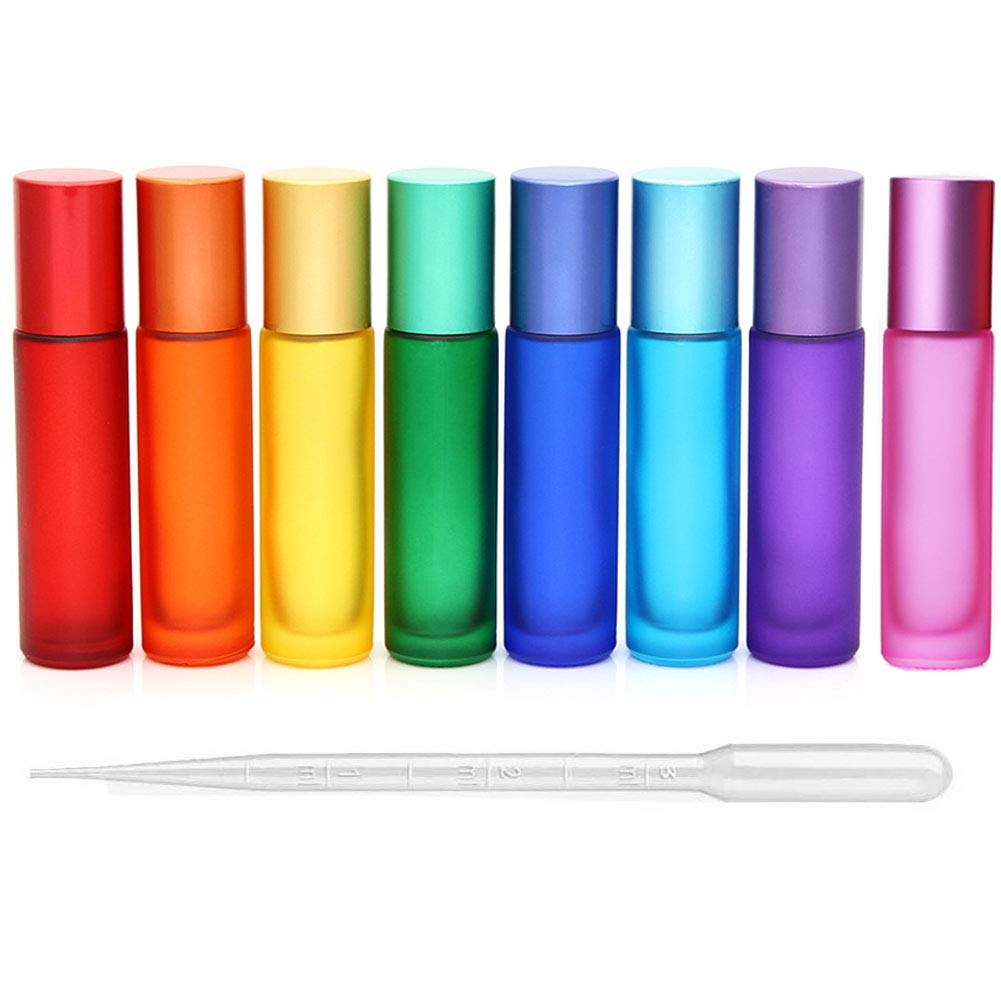 8Pcs 10ml(1/3oz) High-grade Colorful Frosted Roll on Bottles Thick Glass Massage Roller Bottles Tube Vials Containers for Essent