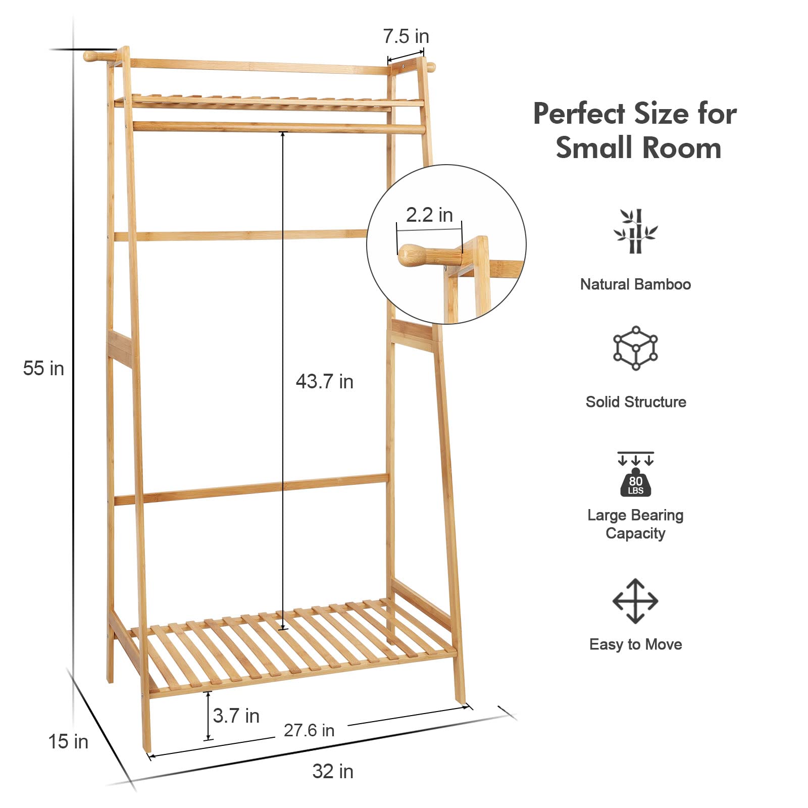 Ufine Bamboo Clothes Hanging Rack With 2 Tier Storage Shelves And 2 Coat Hooks Portable Laundry Rack Cloest Organizer Garment Ra