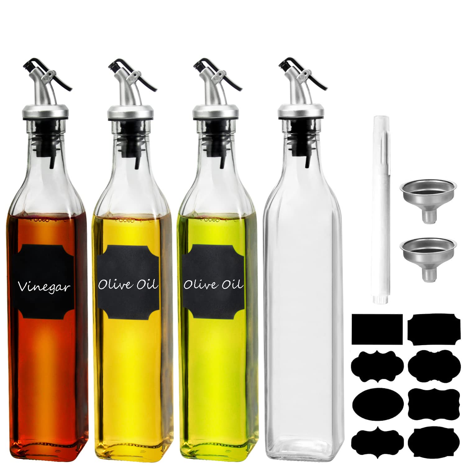 Wertioo Oil Dispenser Bottle 4 Pack 17 Oz Glass Olive Oil And Vinegar Dispenser Set Oil Container With Funnel & Pen And Tag For