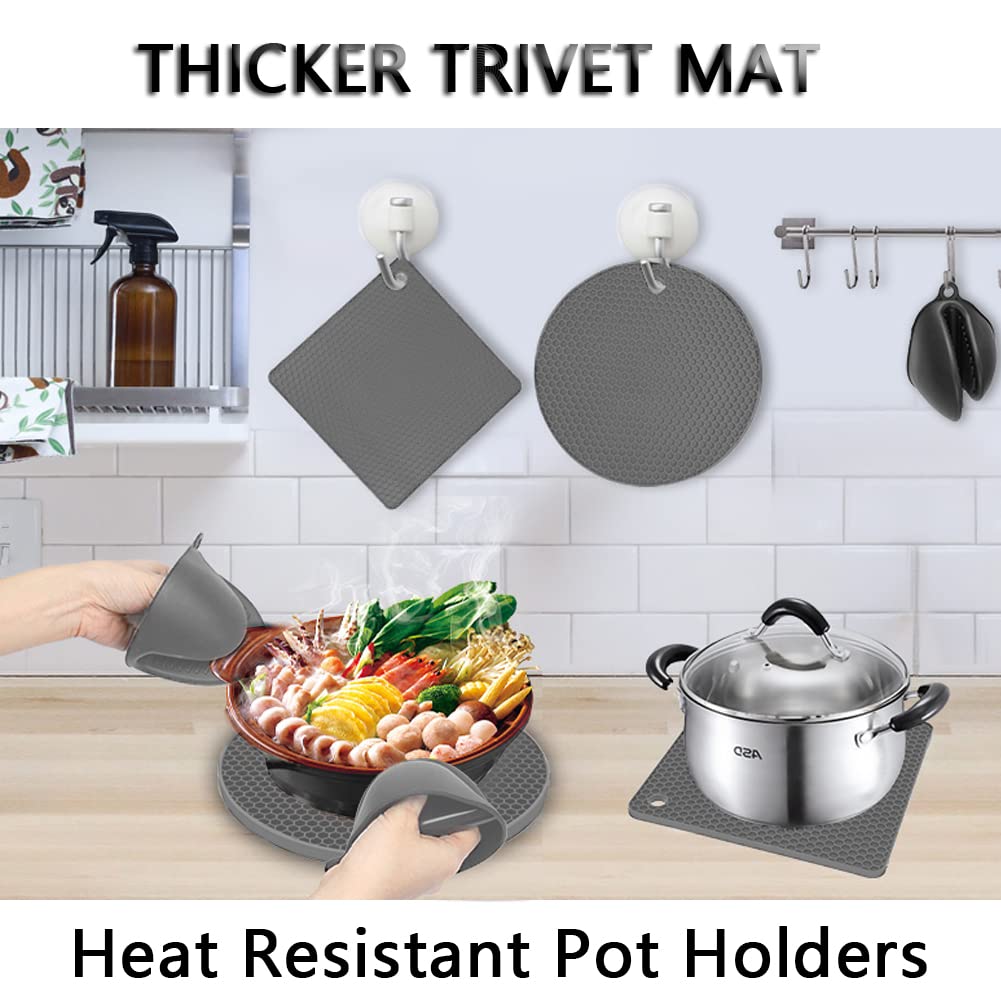 YQMYXG Silicone Trivet Pot Mat - Heat Resistant Gray Pot Holders, 4 Pack (2 Squared + 2 Round) for Kitchen Countertops and Tables