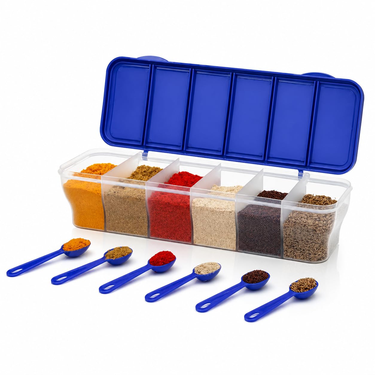 Multipurpose 6In1 Masala Box For Kitchen| Airtight BpaFree Plastic 6 Section Storage Container With 6 Spoons, 1800 Ml Transpa