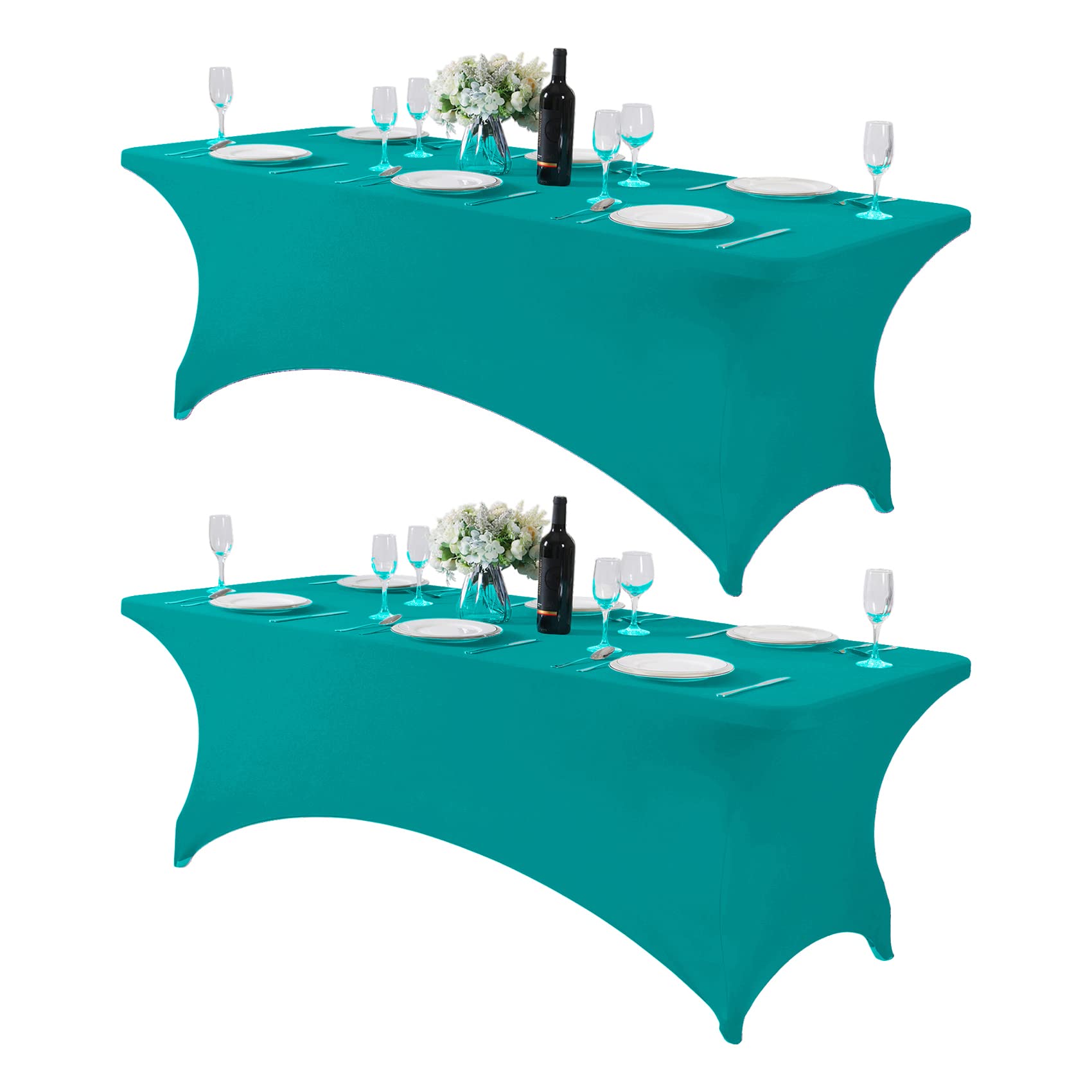 Hezuzo 2Pack Spandex Table Cover For 8Ft Table Universal Fitted Stretch Tablecloth For Party, Banquet, Wedding And Events-Turquo